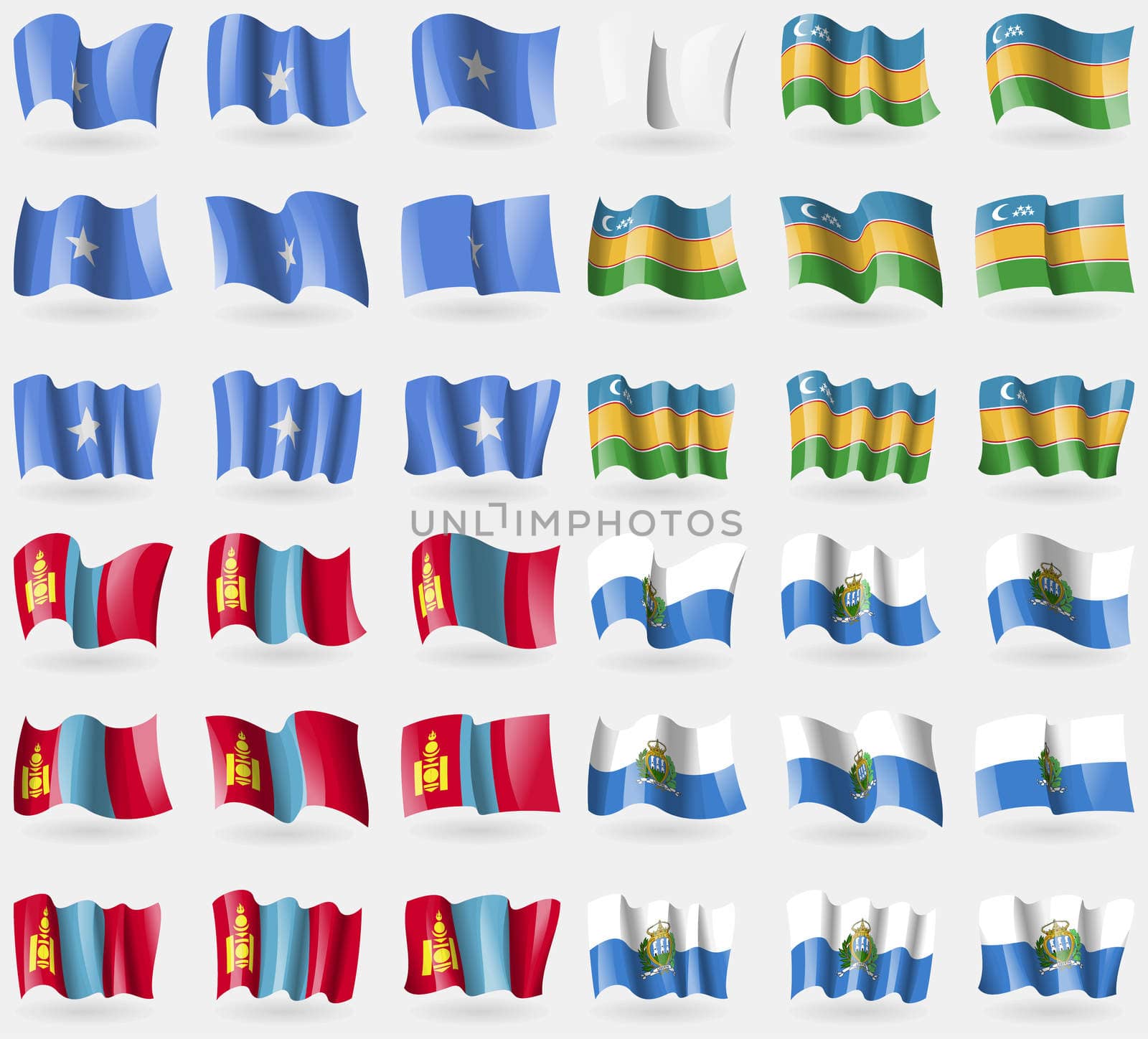 Somalia, Karakalpakstan, Mongolia, San Marino. Set of 36 flags of the countries of the world. illustration