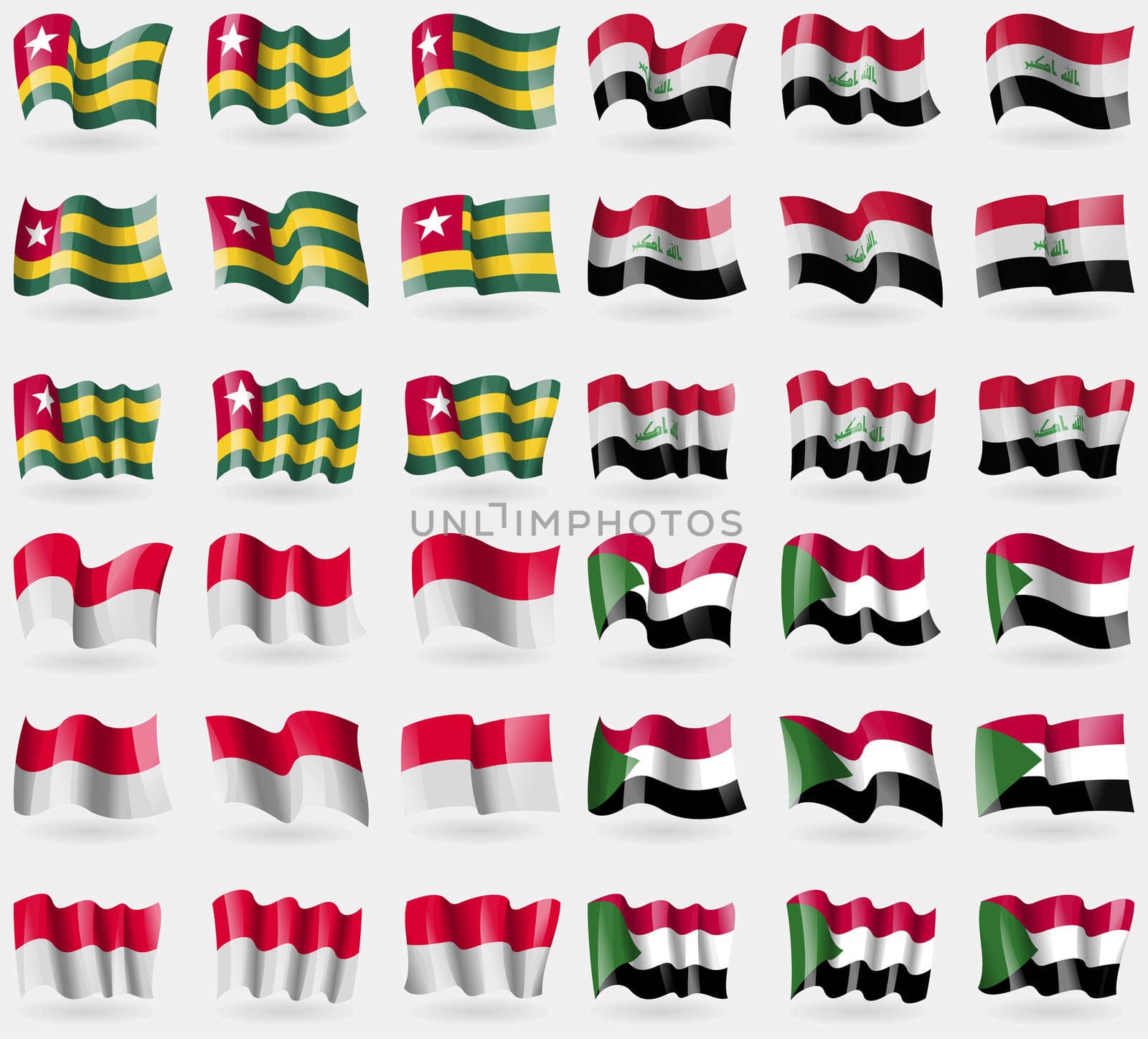 Togo, Iraq, Monaco, Sudan. Set of 36 flags of the countries of the world. illustration