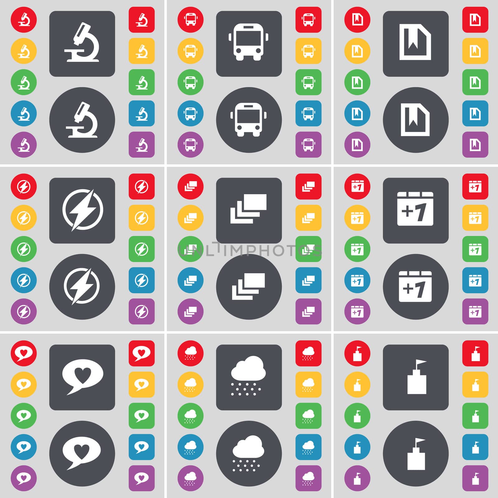 Microscope, Bus, File, Flash, Gallery, Plus one, Chat bubble, Cloud, Flag tower icon symbol. A large set of flat, colored buttons for your design.  by serhii_lohvyniuk