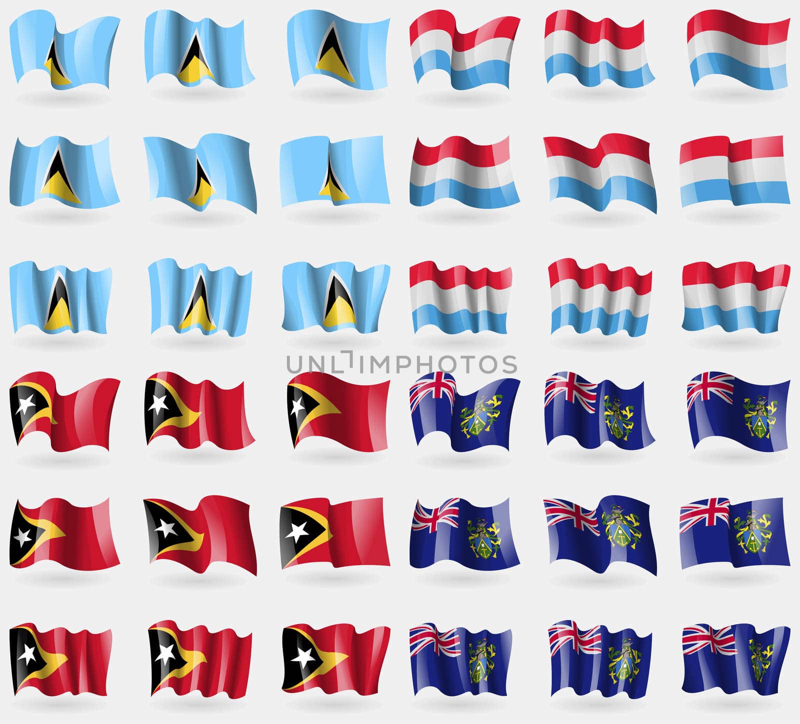 Saint Lucia, Luxembourg, East Timor, Pitcairn Islands. Set of 36 flags of the countries of the world. illustration