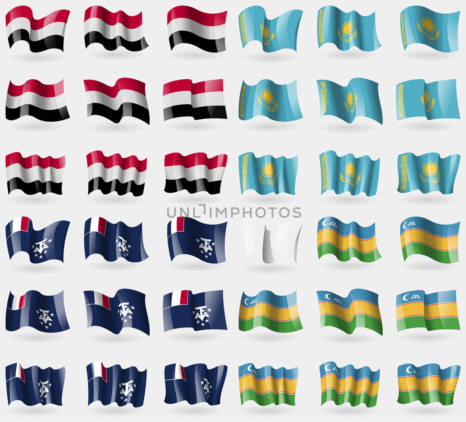 Yemen, Kazakhstan, French and Antarctic, Karakalpakstan. Set of 36 flags of the countries of the world. illustration