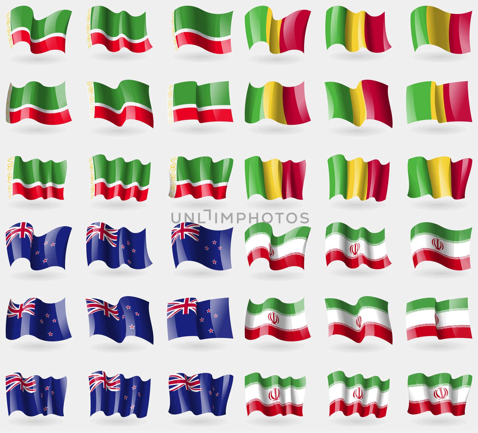 Chechen Republic, Mali, New Zeland, Iran. Set of 36 flags of the countries of the world. illustration
