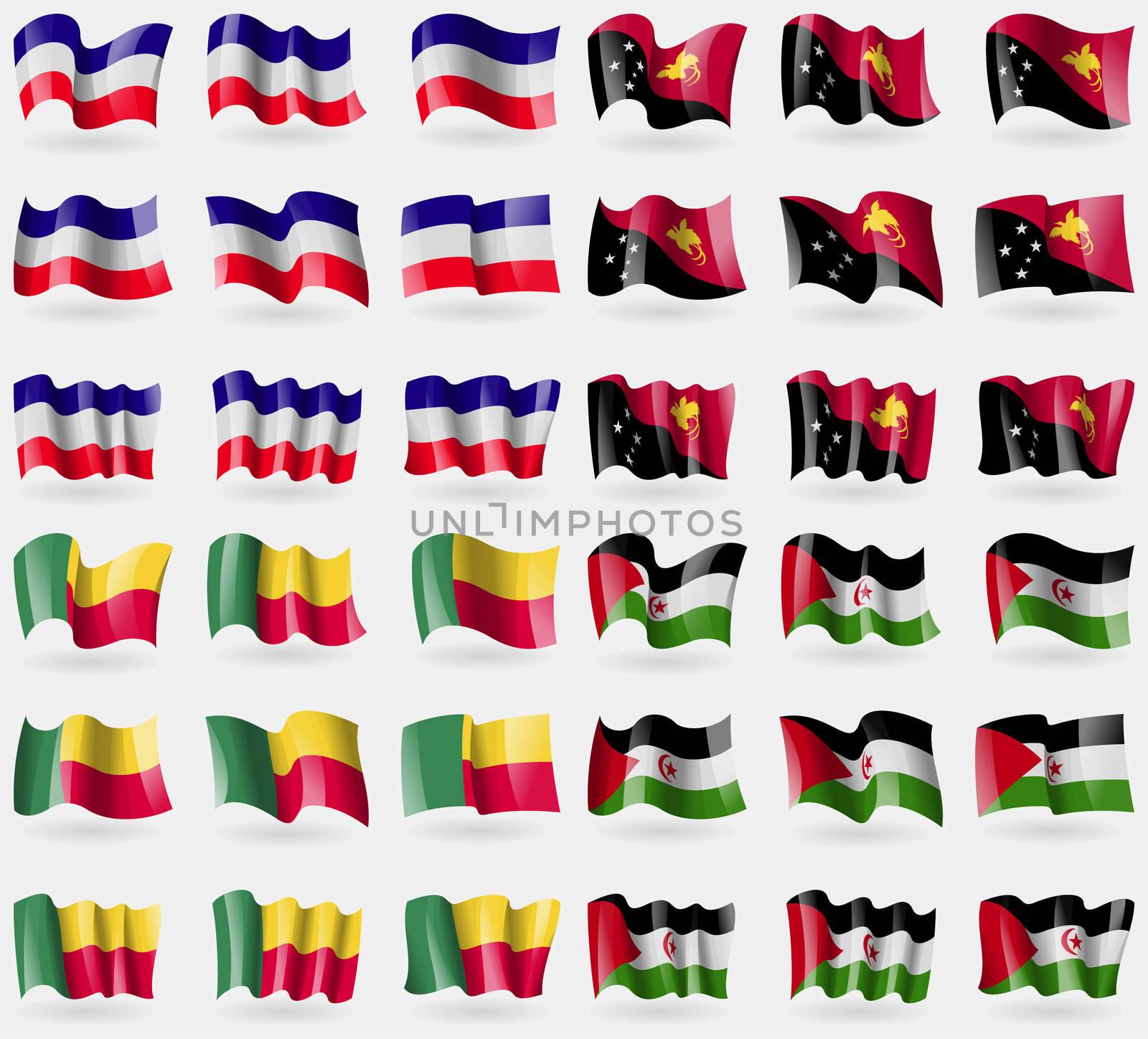 Los Altos, Papua New Guinea, Benin, Westarn Sahara. Set of 36 flags of the countries of the world. illustration