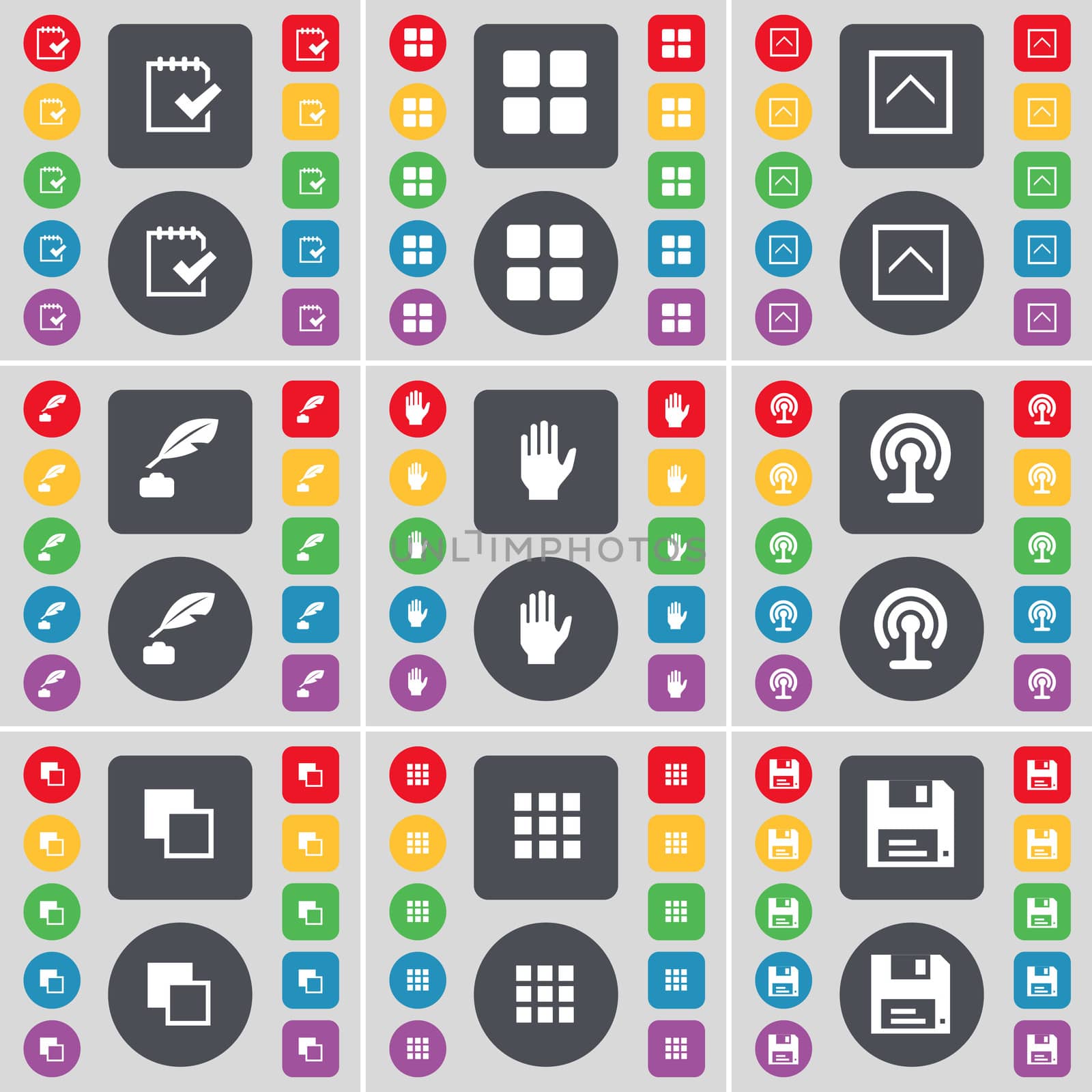 Survey, Apps, Arrow up, Inkpot, Hand, Wi-Fi, Copy, Floppy icon symbol. A large set of flat, colored buttons for your design. illustration