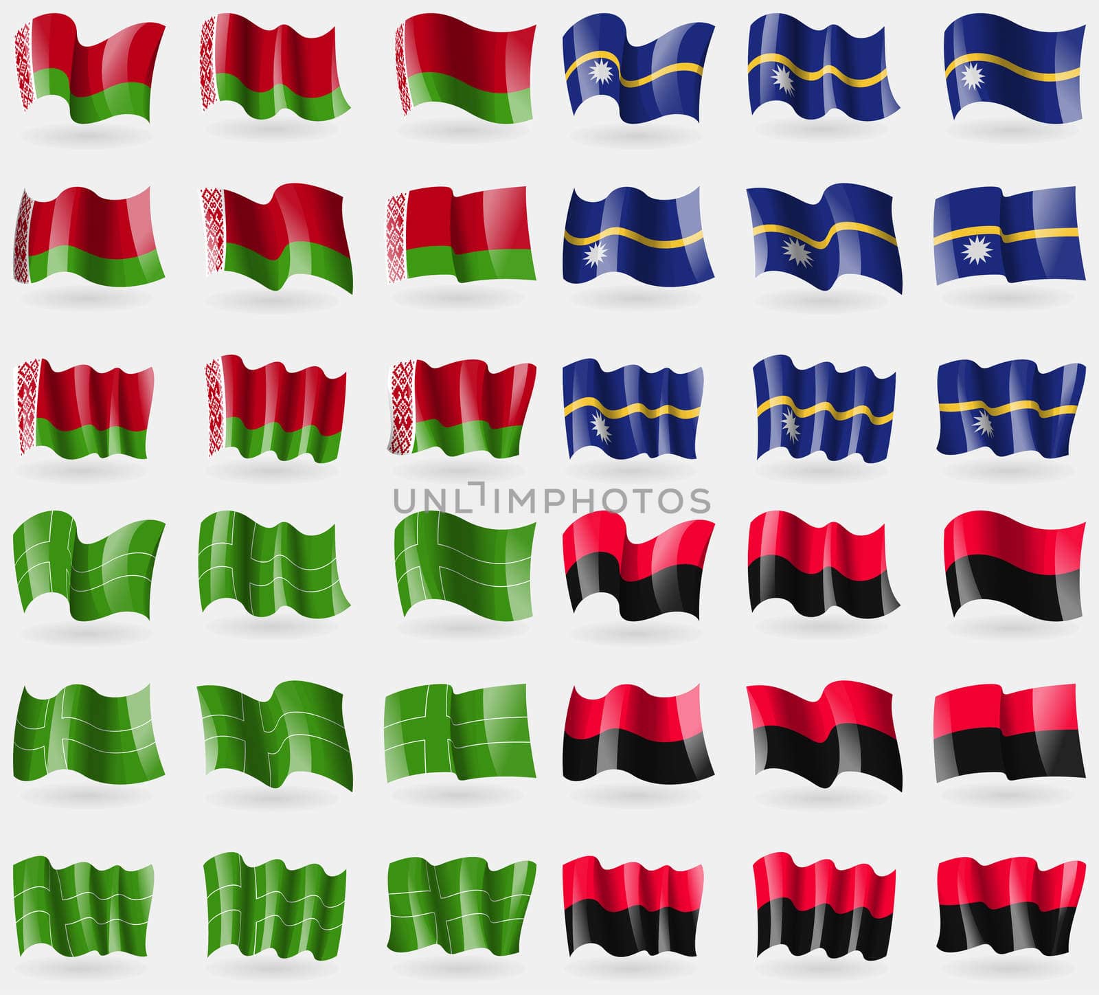 Belarus, Nauru, Ladonia, UPA. Set of 36 flags of the countries of the world. illustration