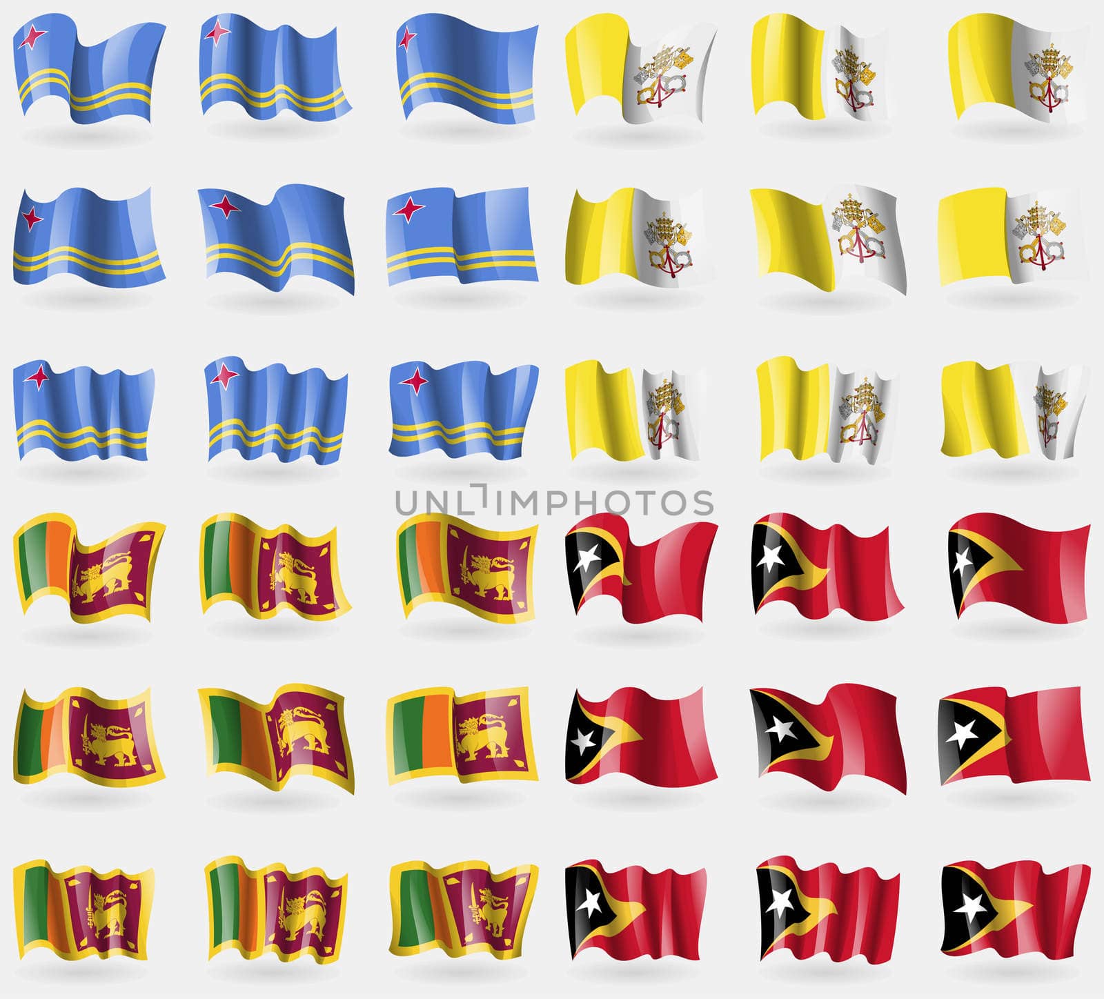 Aruba, Vatican CityHoly See, Sri Lanka, East Timor. Set of 36 flags of the countries of the world. illustration