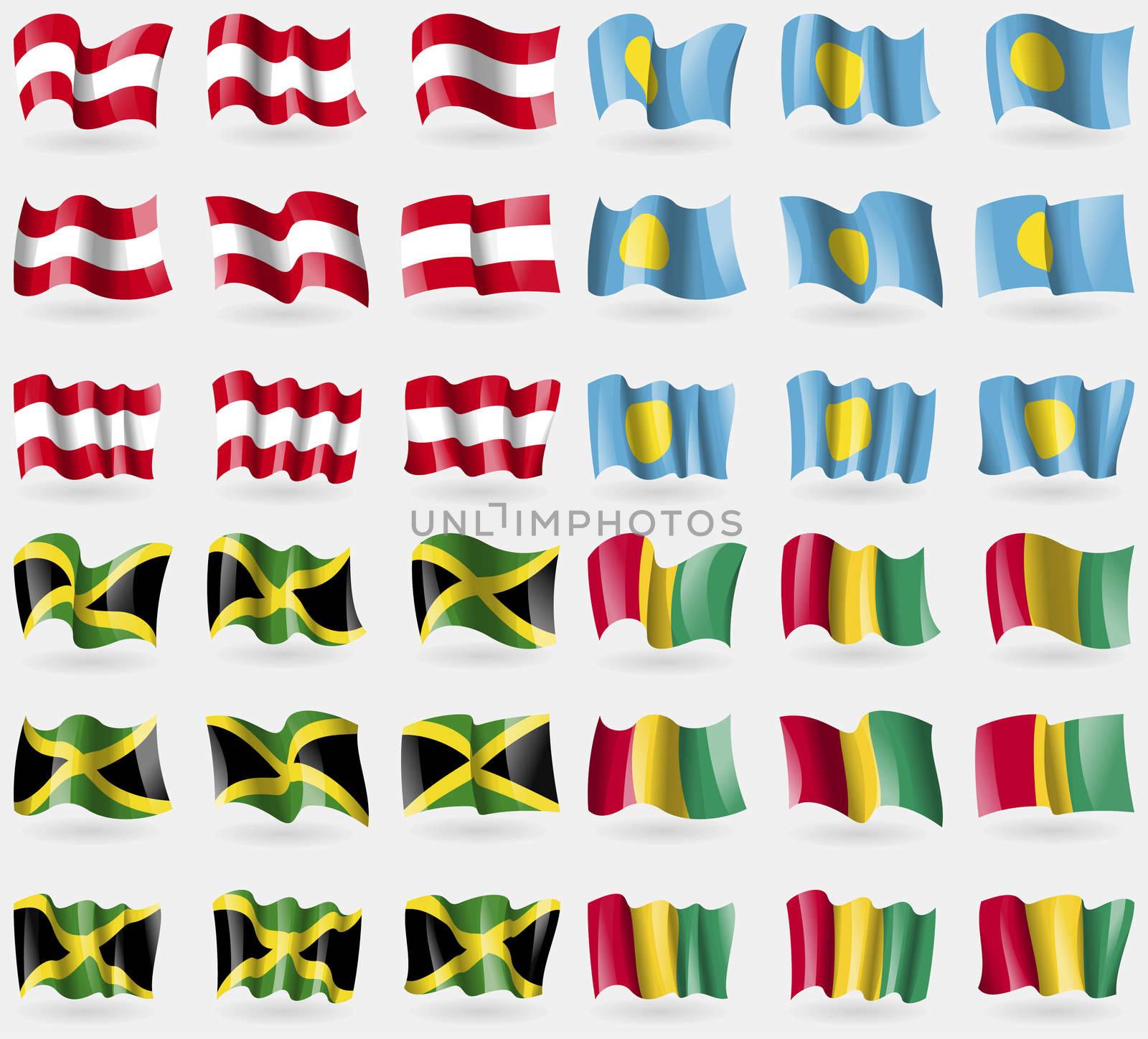 Austria, Palau, Jamaica, Guinea. Set of 36 flags of the countries of the world. illustration