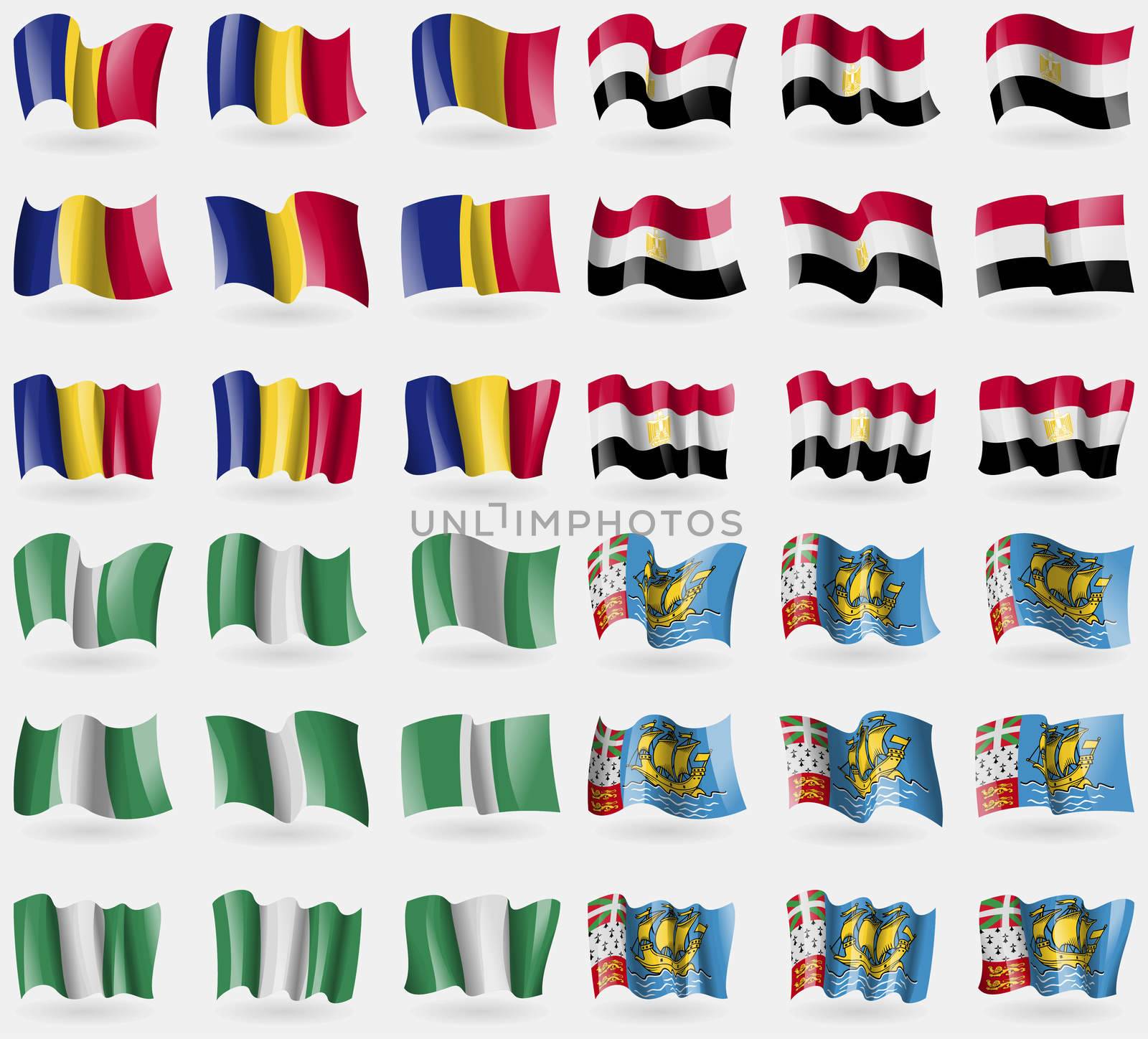 Romania, Egypt, Nigeria, Saint Pierre and Miquelon. Set of 36 flags of the countries of the world. illustration