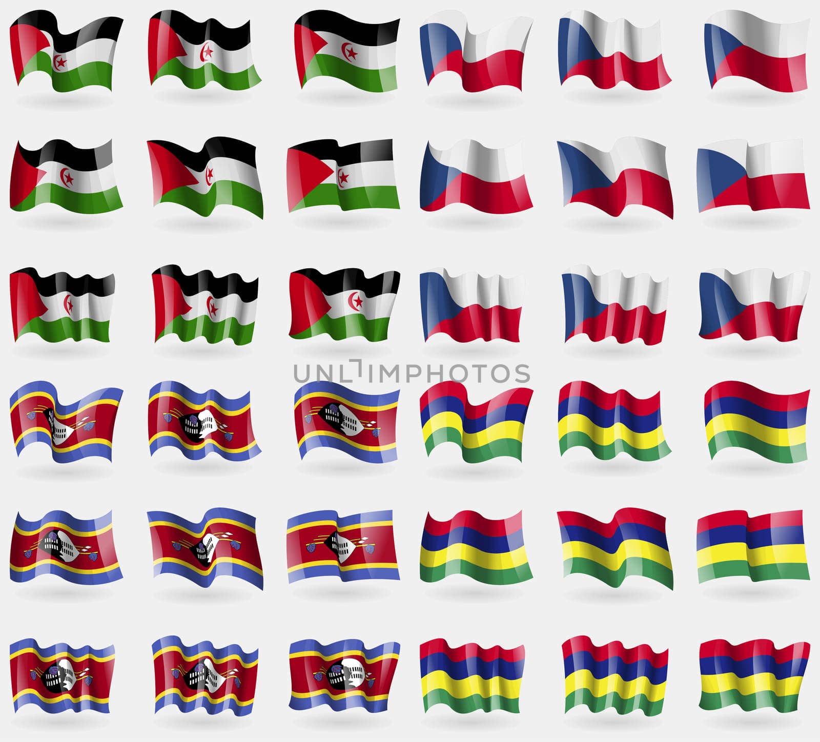 Western Sahara, Szech Republic, Swaziland, Mauritius. Set of 36 flags of the countries of the world. illustration