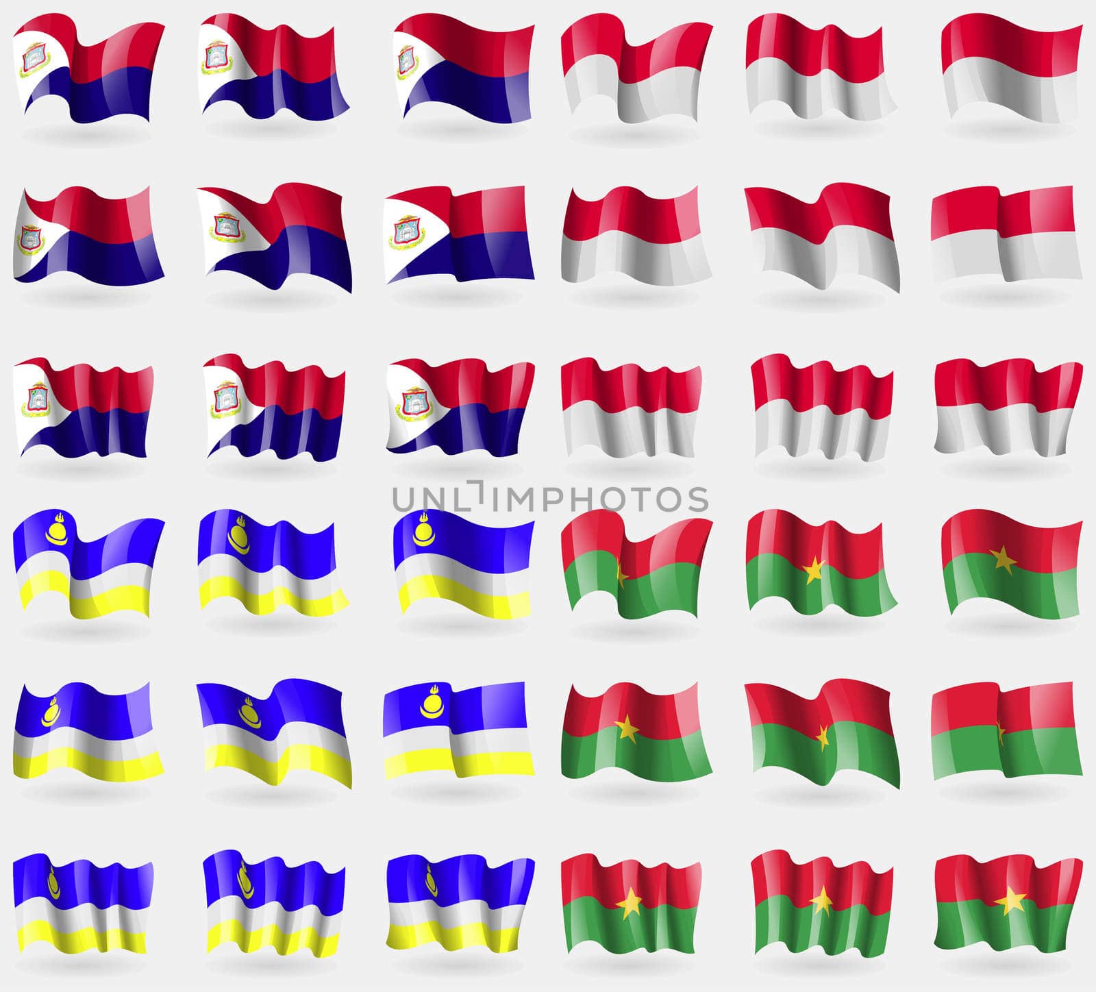 Saint Martin, Monaco, Buryatia, Burkia Faso. Set of 36 flags of the countries of the world. illustration