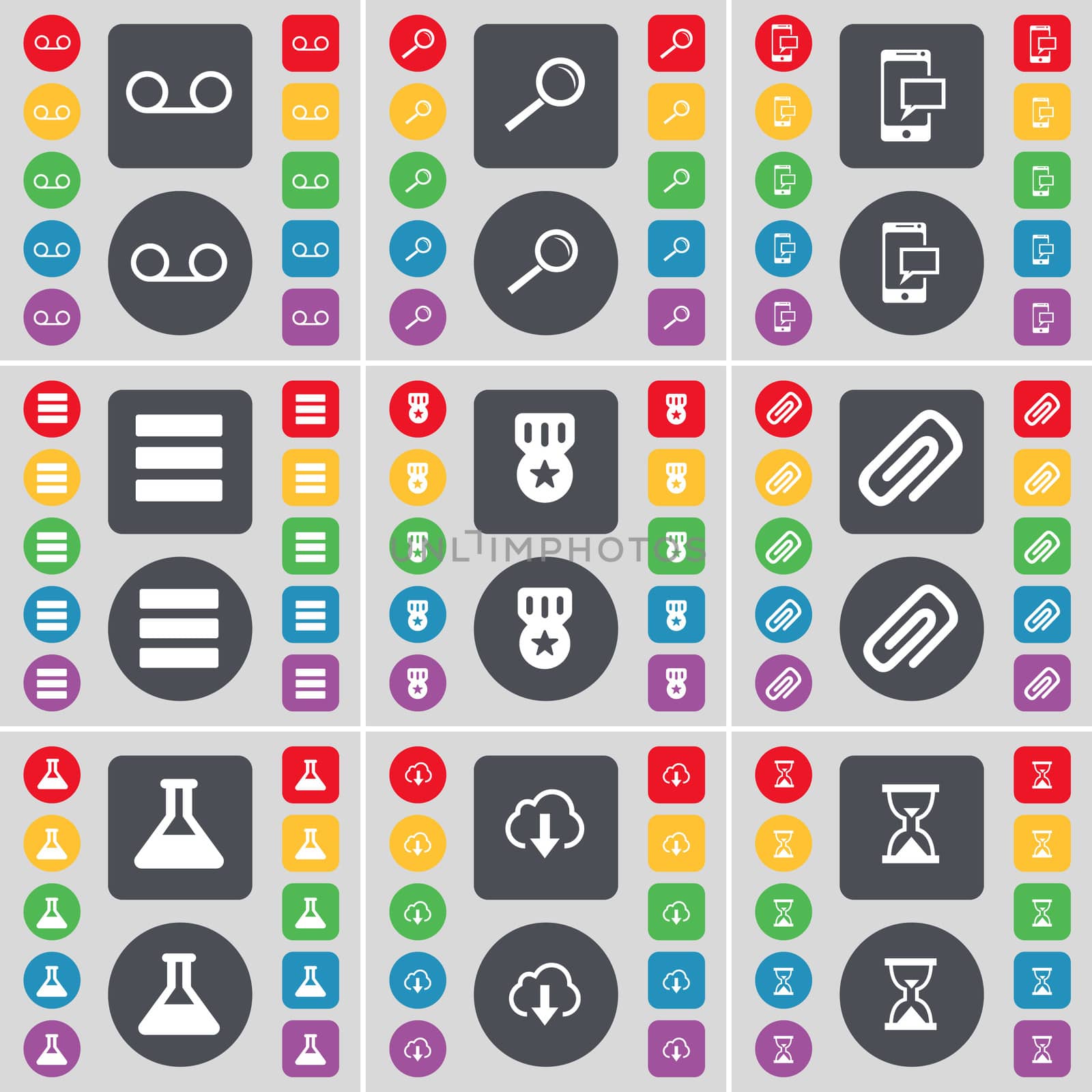 Cassette, Magnifying glass, SMS, Apps, Medal, Clip, Flask, Cloud, Hourglass icon symbol. A large set of flat, colored buttons for your design. illustration