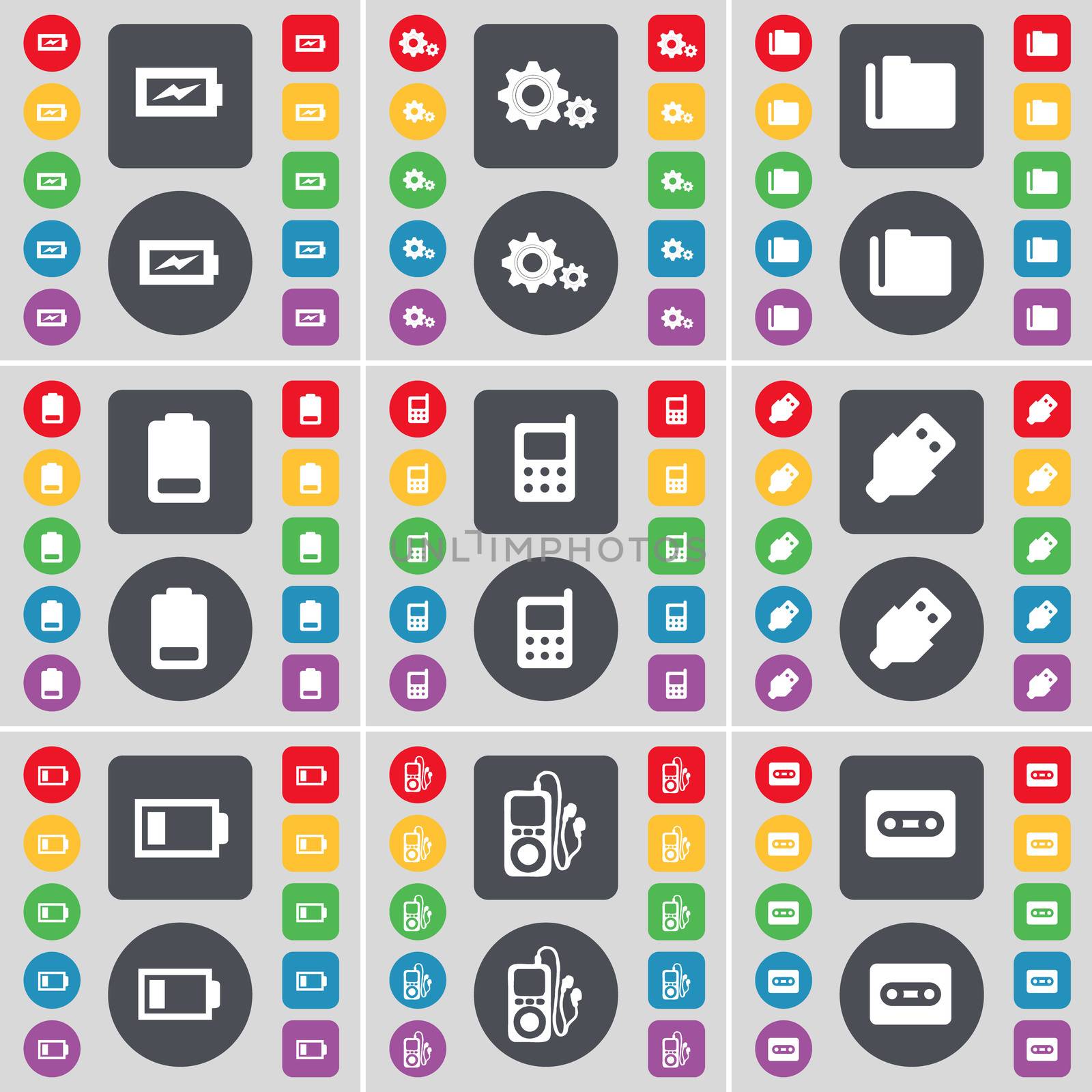 Charging, Gear, Folder, Battery, Mobile phone, USB, MP3 player, Cassette icon symbol. A large set of flat, colored buttons for your design.  by serhii_lohvyniuk