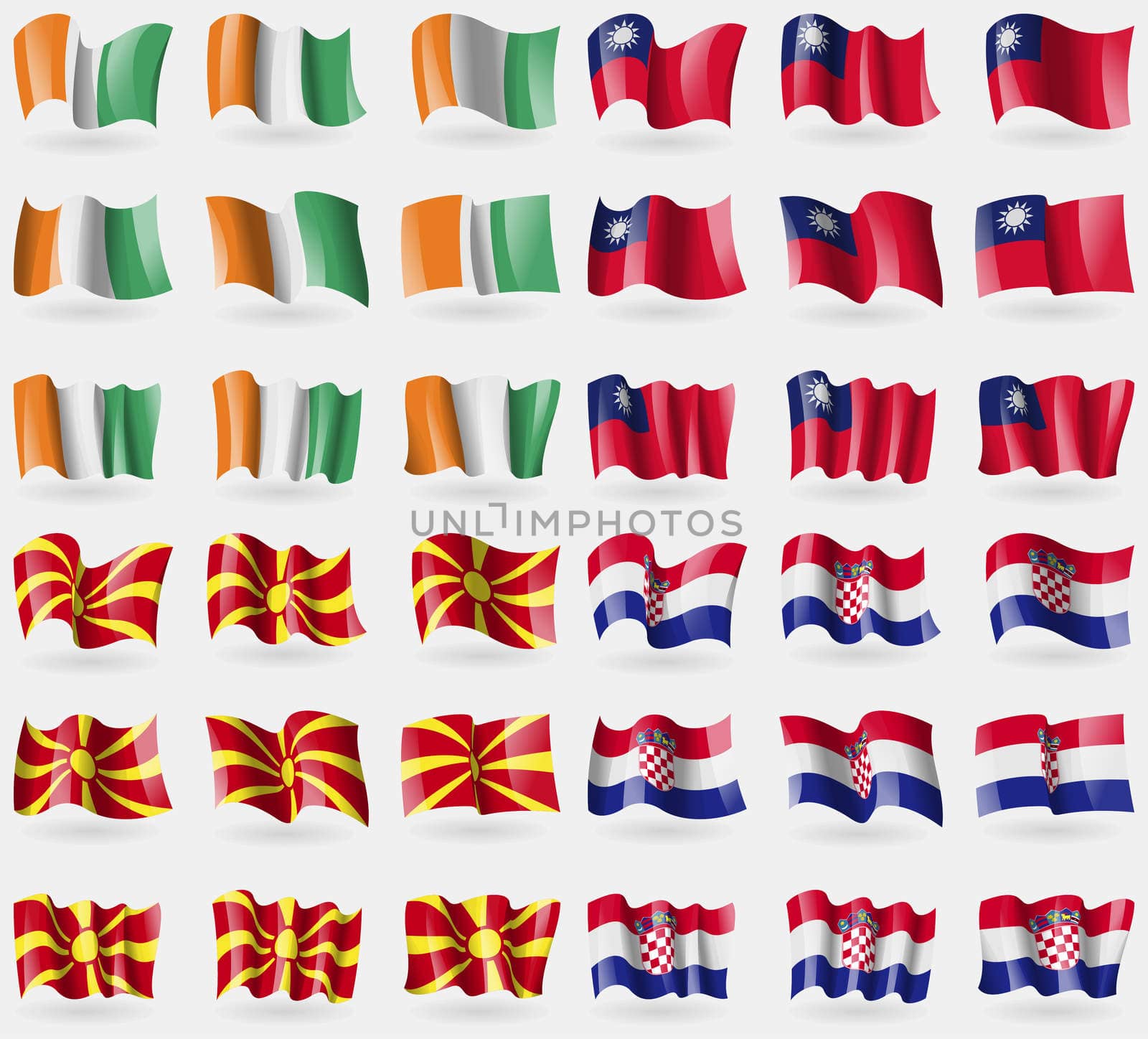 Cote Divoire, Taiwan, Macedonia, Crotia. Set of 36 flags of the countries of the world. illustration