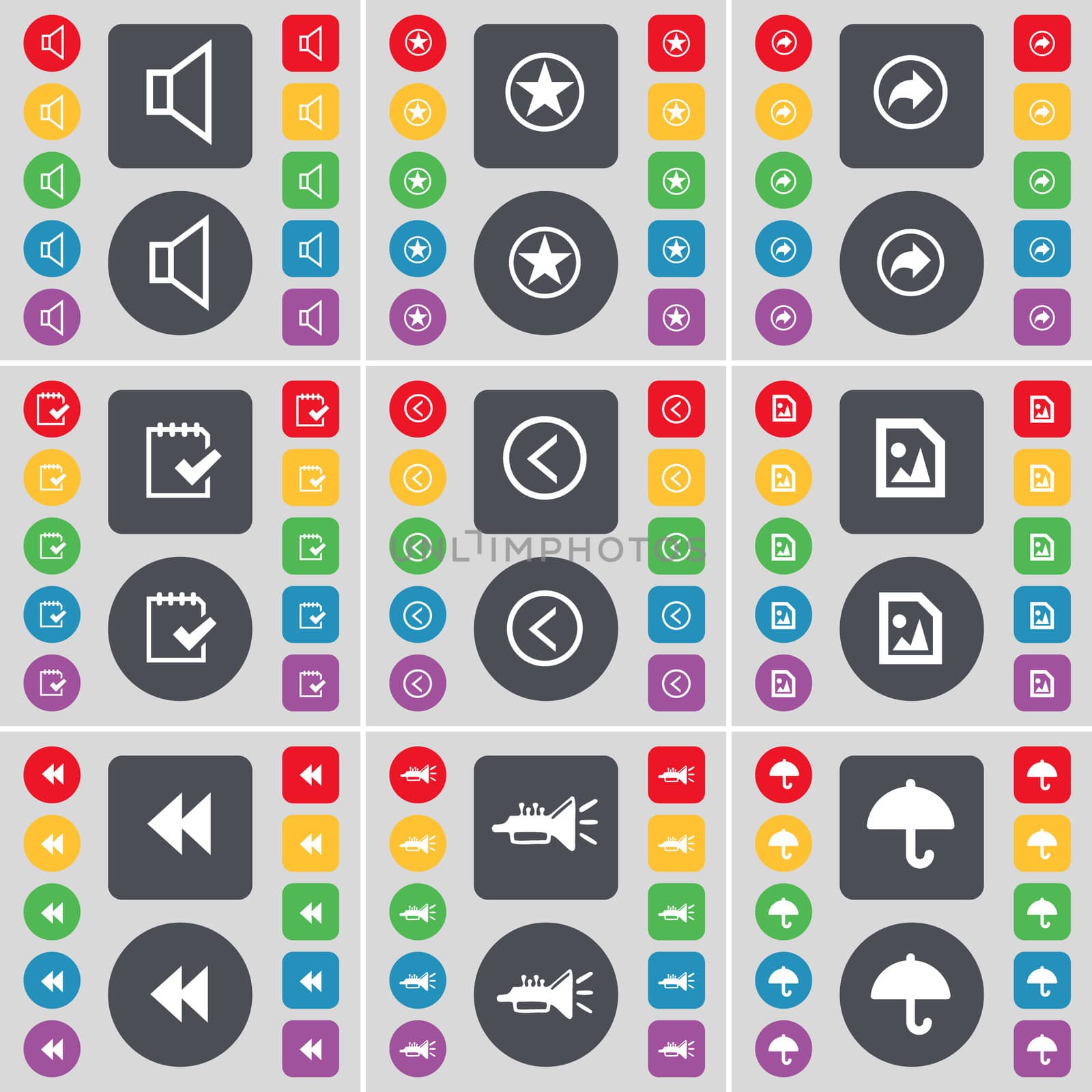 Sound, Star, Back, Survey, Arrow left, Media file, Rewind, Trumped, Umbrella icon symbol. A large set of flat, colored buttons for your design. illustration