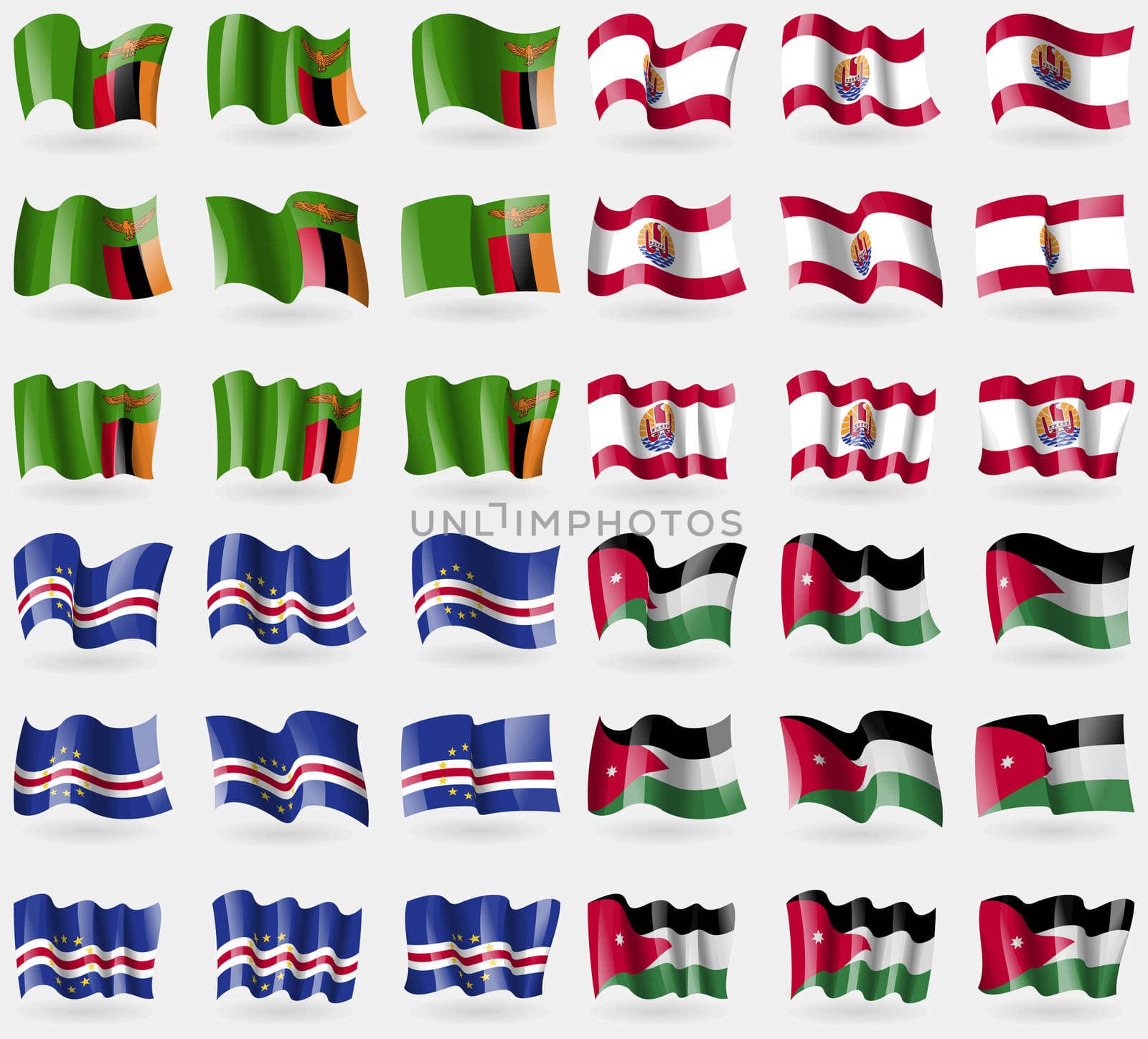 Zambia, French Polynesia, Cape Verde, Jordan. Set of 36 flags of the countries of the world. illustration