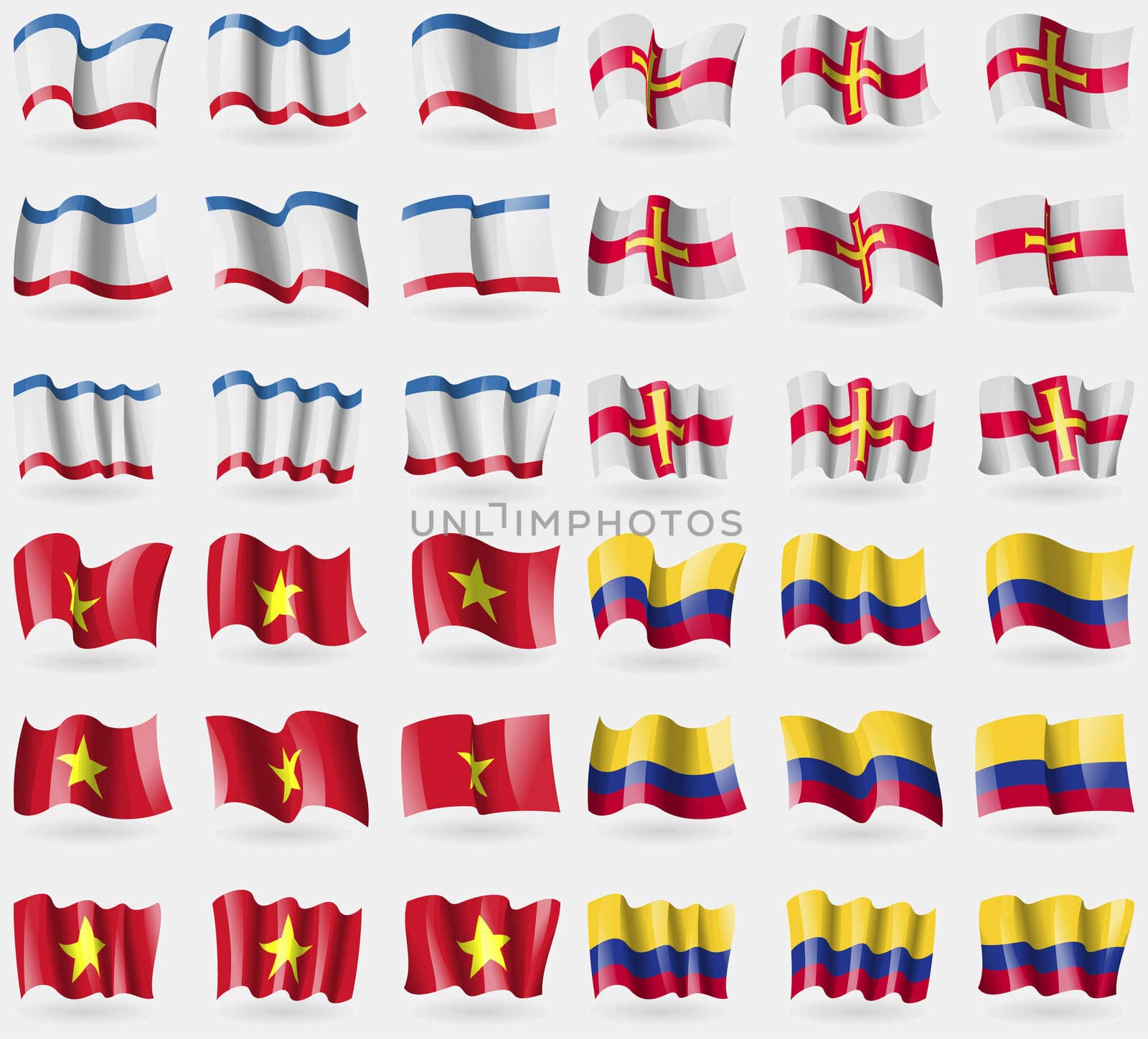 Crimea, Guernsey, Vietnam, Colombia. Set of 36 flags of the countries of the world. illustration