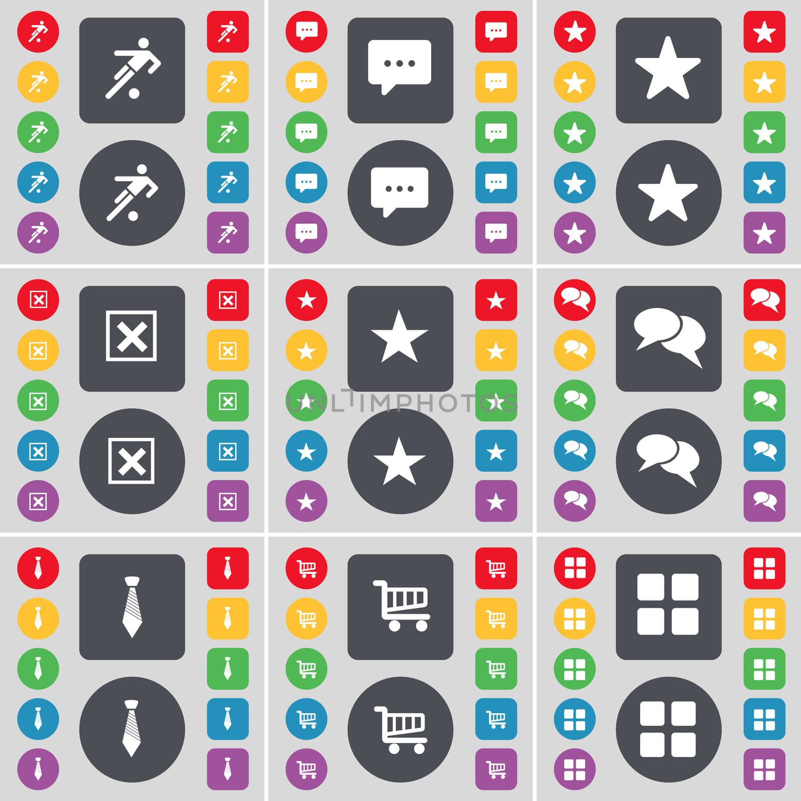 Football, Chat bubble, Star, Stop, Star, Tie, Shopping cart, Apps icon symbol. A large set of flat, colored buttons for your design. illustration