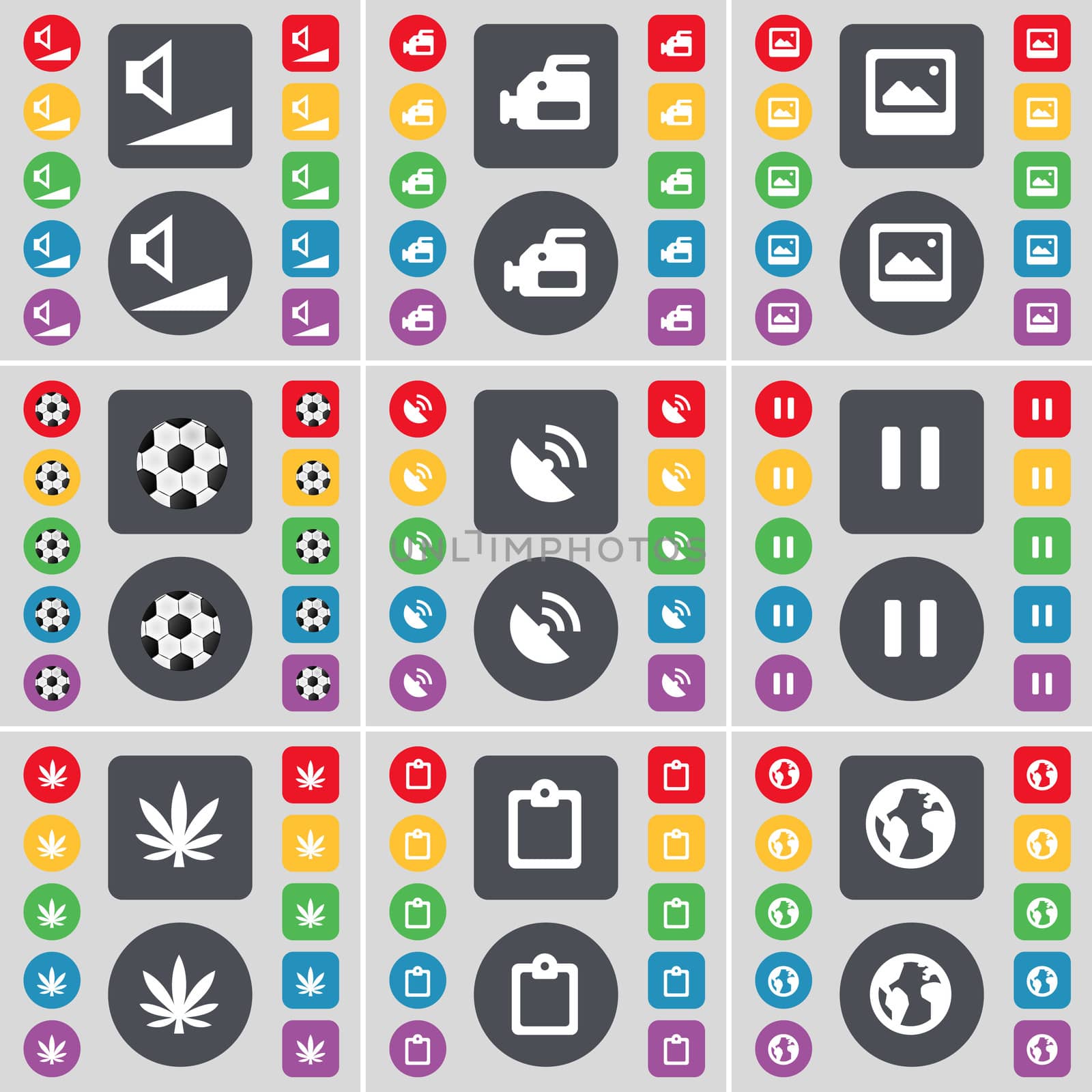 Volume, Film camera, Picture, Ball, Satellite dish, Pause, Marijuana, Survey, Planet icon symbol. A large set of flat, colored buttons for your design. illustration