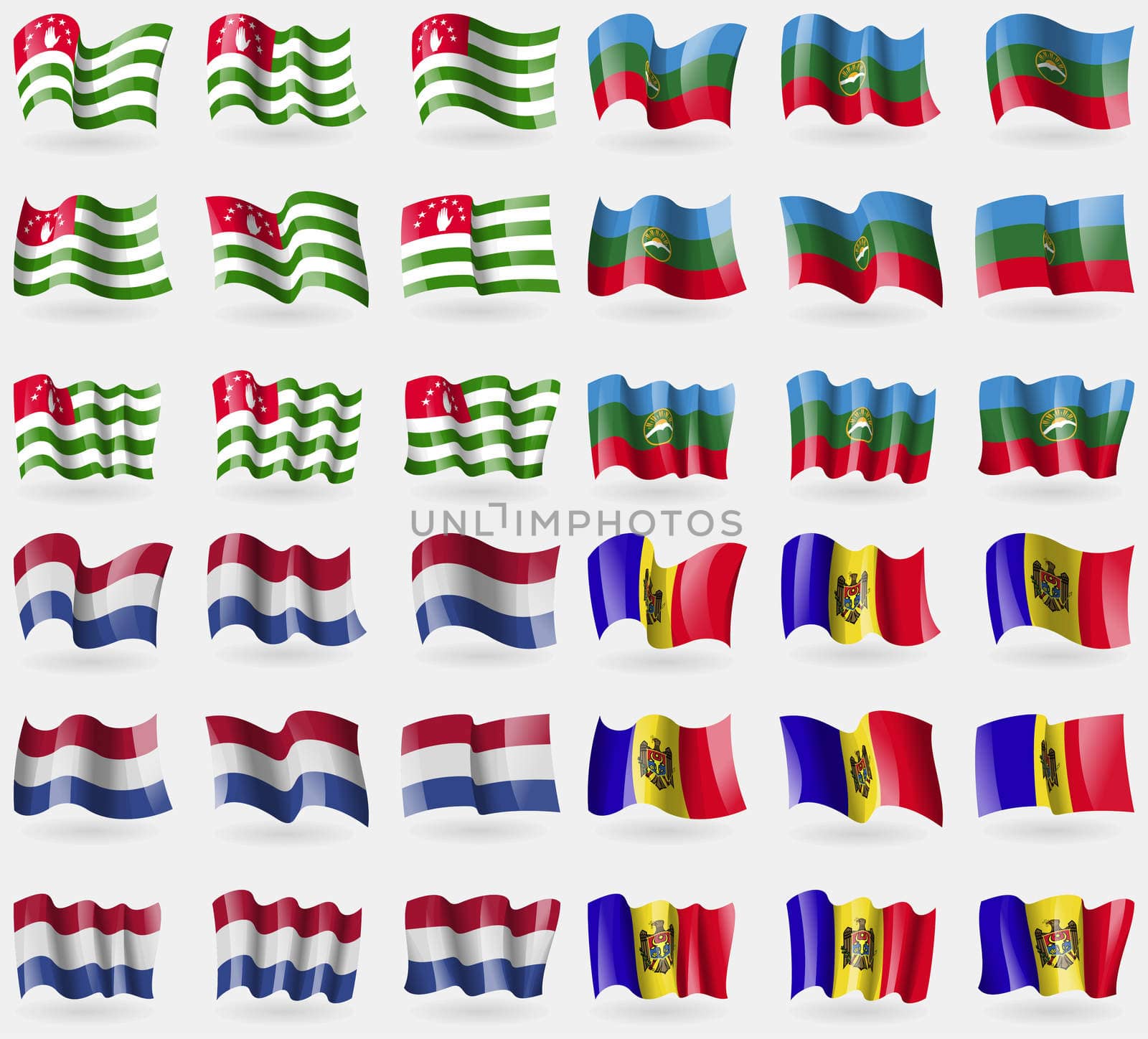 Abkhazia, KarachayCherkessia, Netherlands, Moldova. Set of 36 flags of the countries of the world. illustration