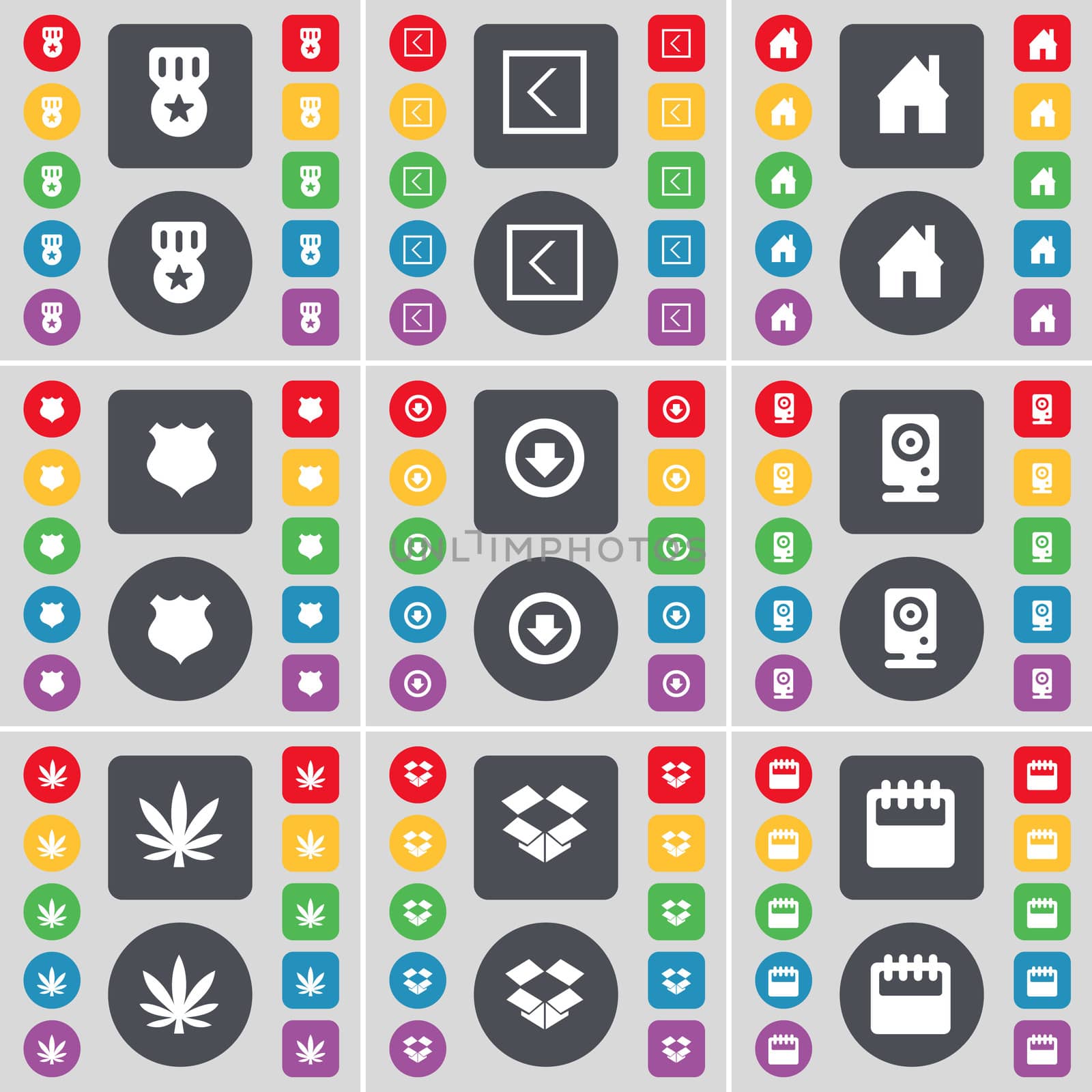 Medal, Arrow left, House, Police badge, Arrow, Speaker, Marijuana, Dropbox, Calendar icon symbol. A large set of flat, colored buttons for your design. illustration