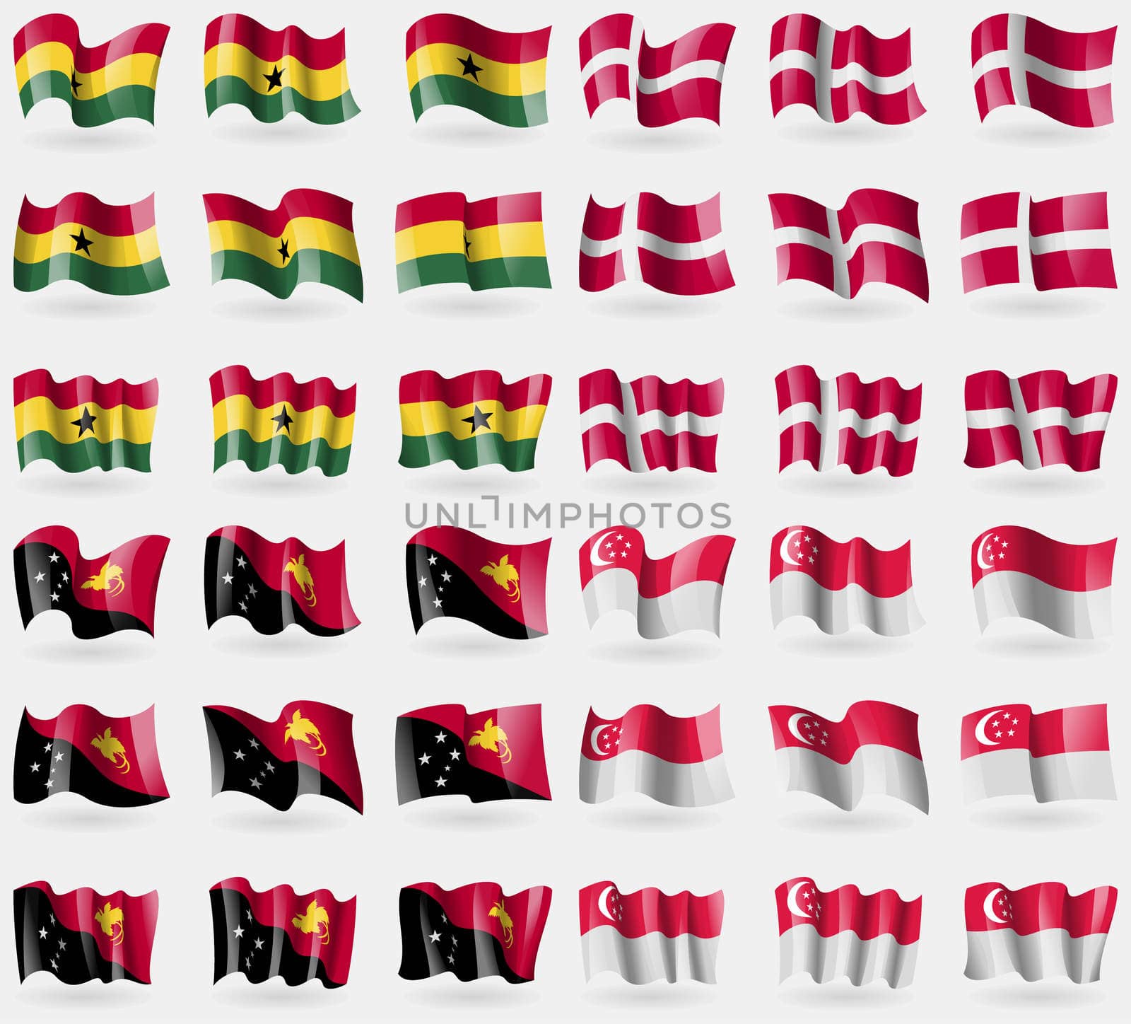 Ghana, Denmark, Papua New Guinea, Singapore. Set of 36 flags of the countries of the world. illustration