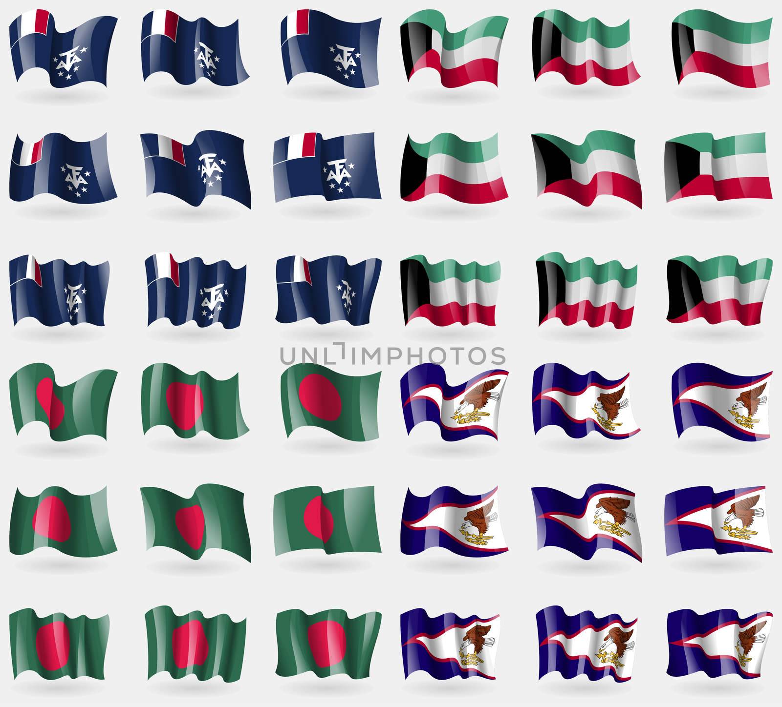 French and Antarctic, Kuwait, Bangladesh, American Samoa. Set of 36 flags of the countries of the world.  by serhii_lohvyniuk