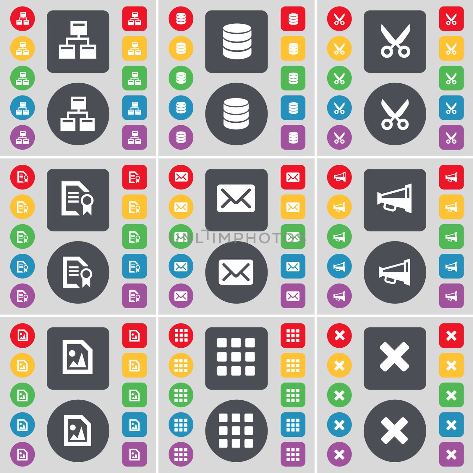 Network, Database, Scissors, File, Message, Megaphone, Apps, Stop icon symbol. A large set of flat, colored buttons for your design. illustration