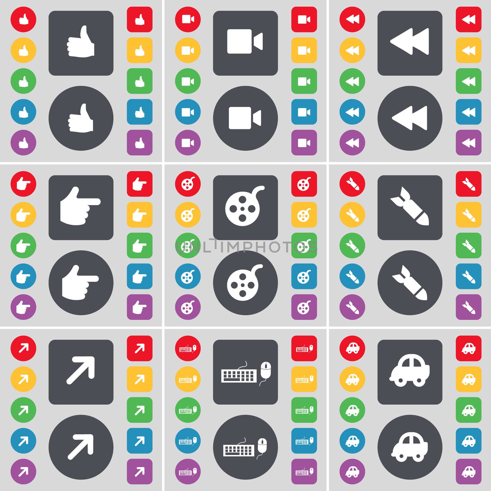 Like, Film camera, Rewind, Hand, Videotape, Rocket, Full screen, Keyboard, Car icon symbol. A large set of flat, colored buttons for your design. illustration