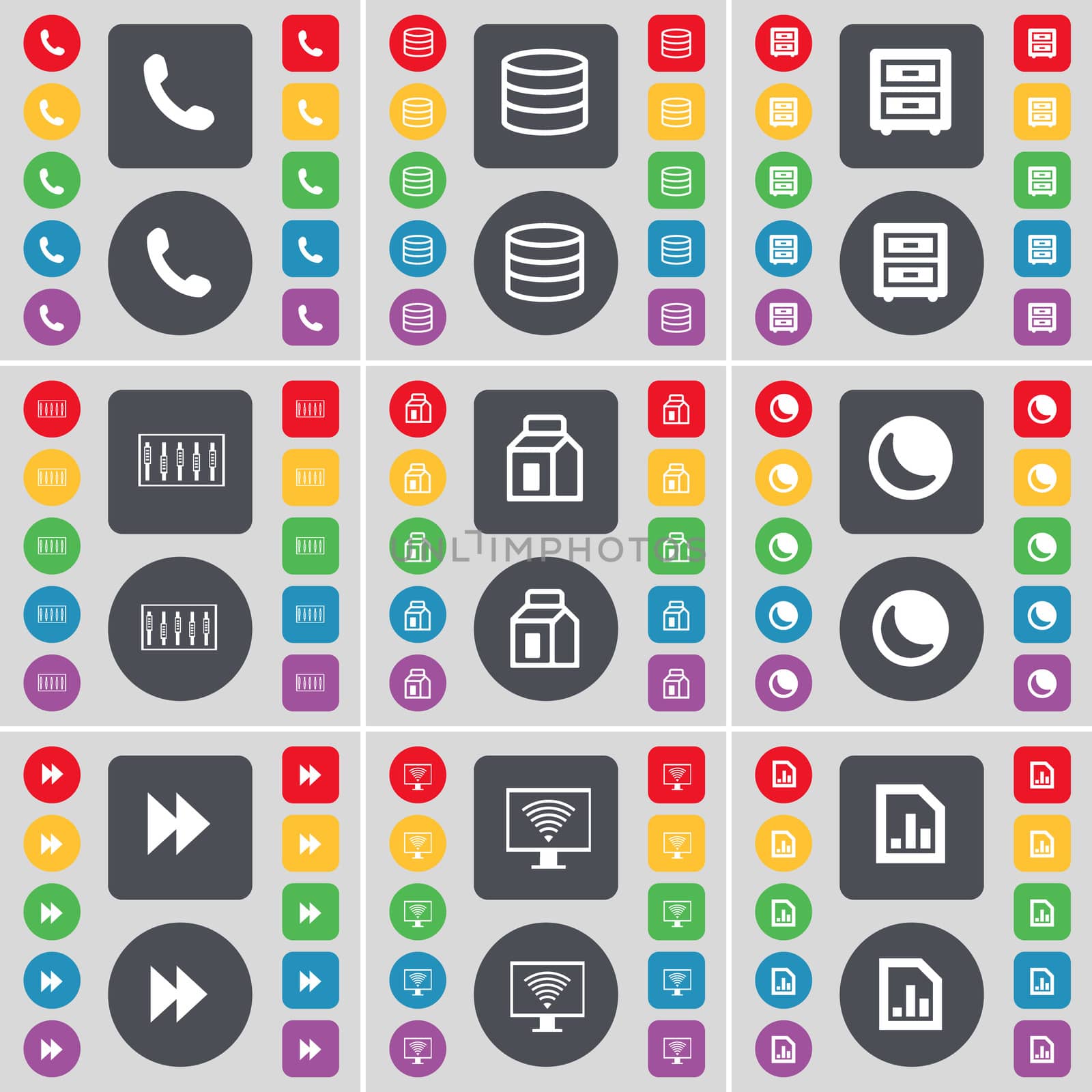 Receiver, Database, Bad-table, Equalizer, Packing, Moon, Rewind, Monitor, Graph file icon symbol. A large set of flat, colored buttons for your design. illustration