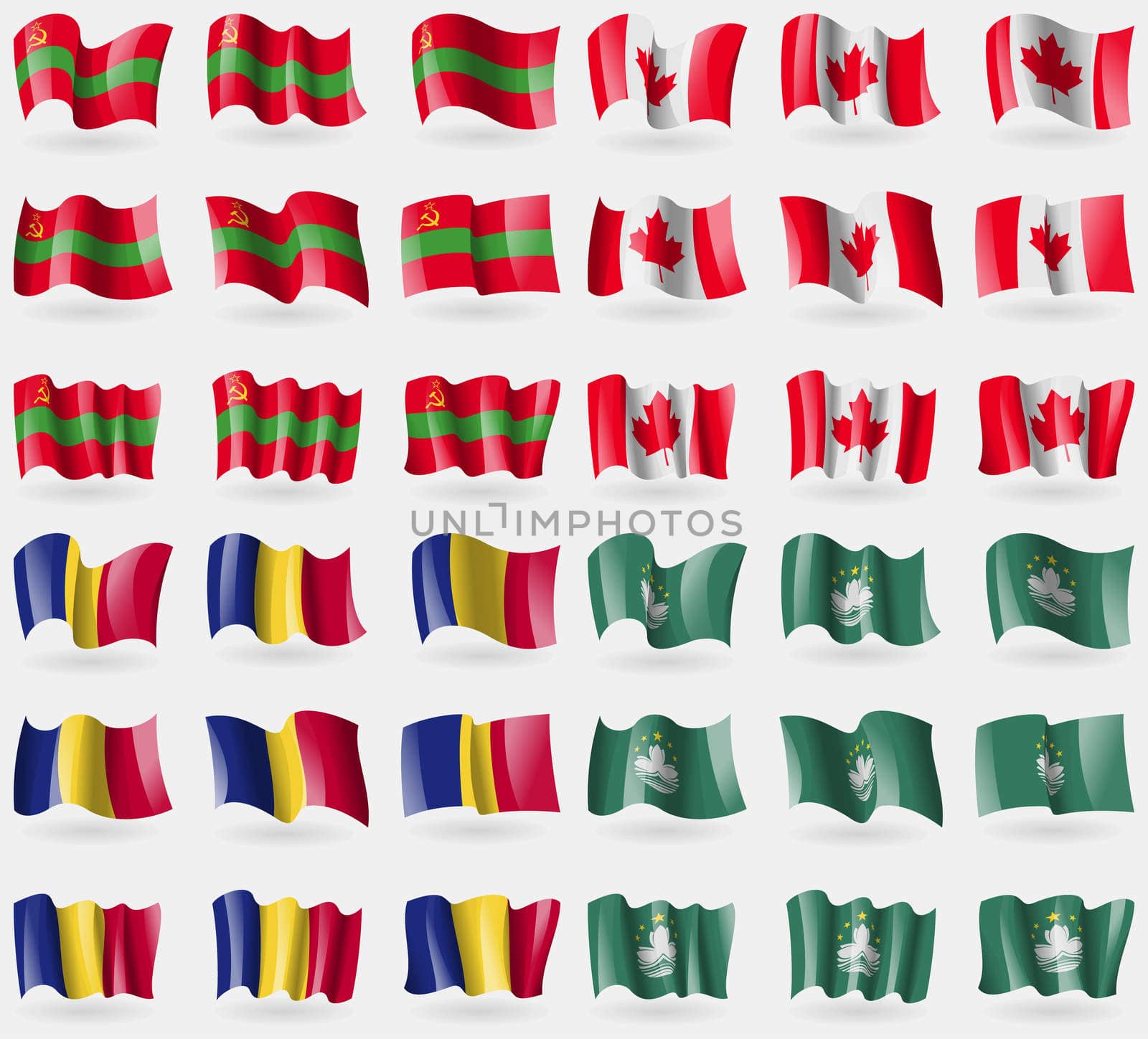 Transnistria, Canada, Romania, Macau. Set of 36 flags of the countries of the world. illustration