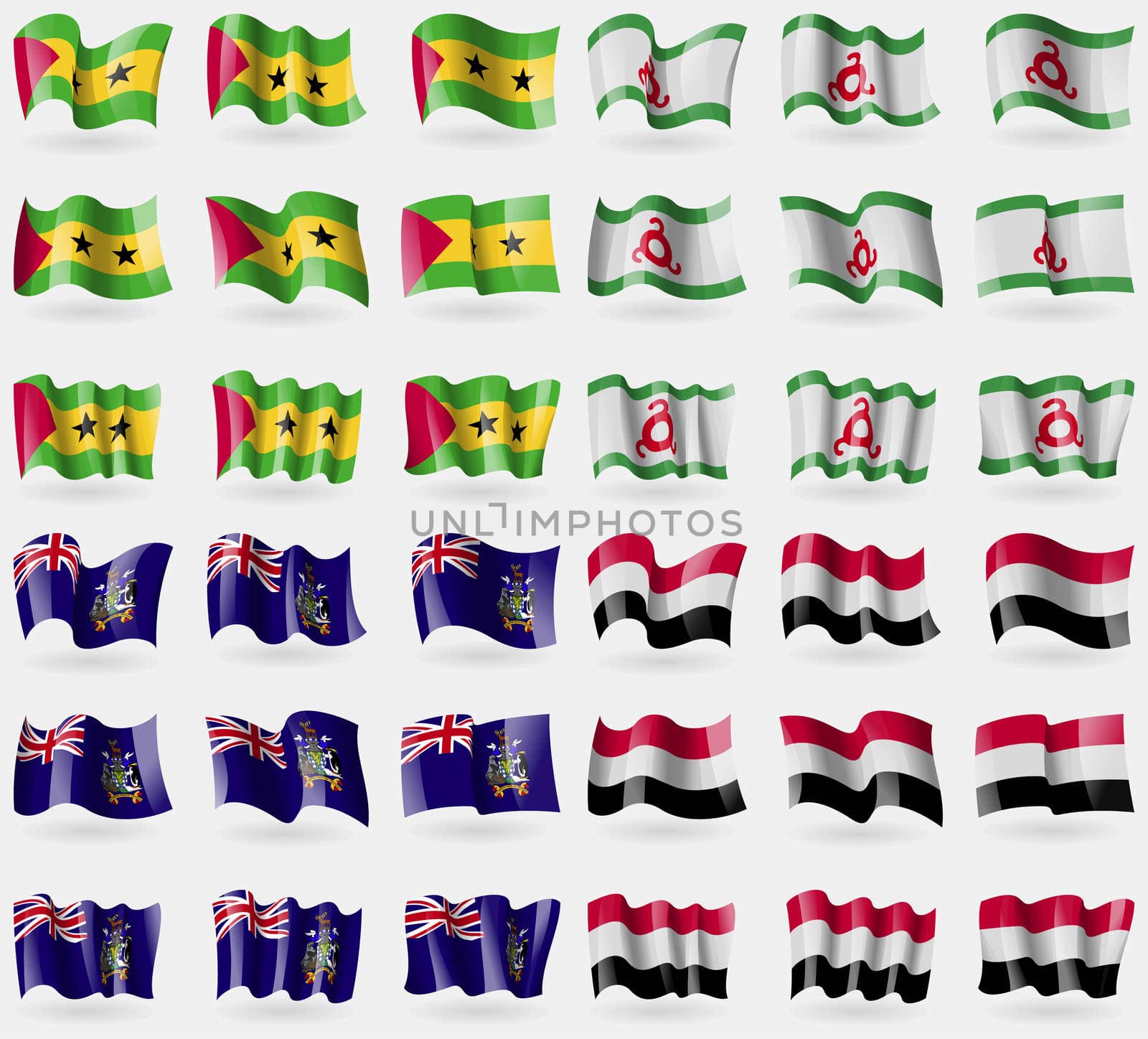 Sao Tome and Principe, Ingushetia, Georgia and Sandwich, Yemen. Set of 36 flags of the countries of the world.  by serhii_lohvyniuk