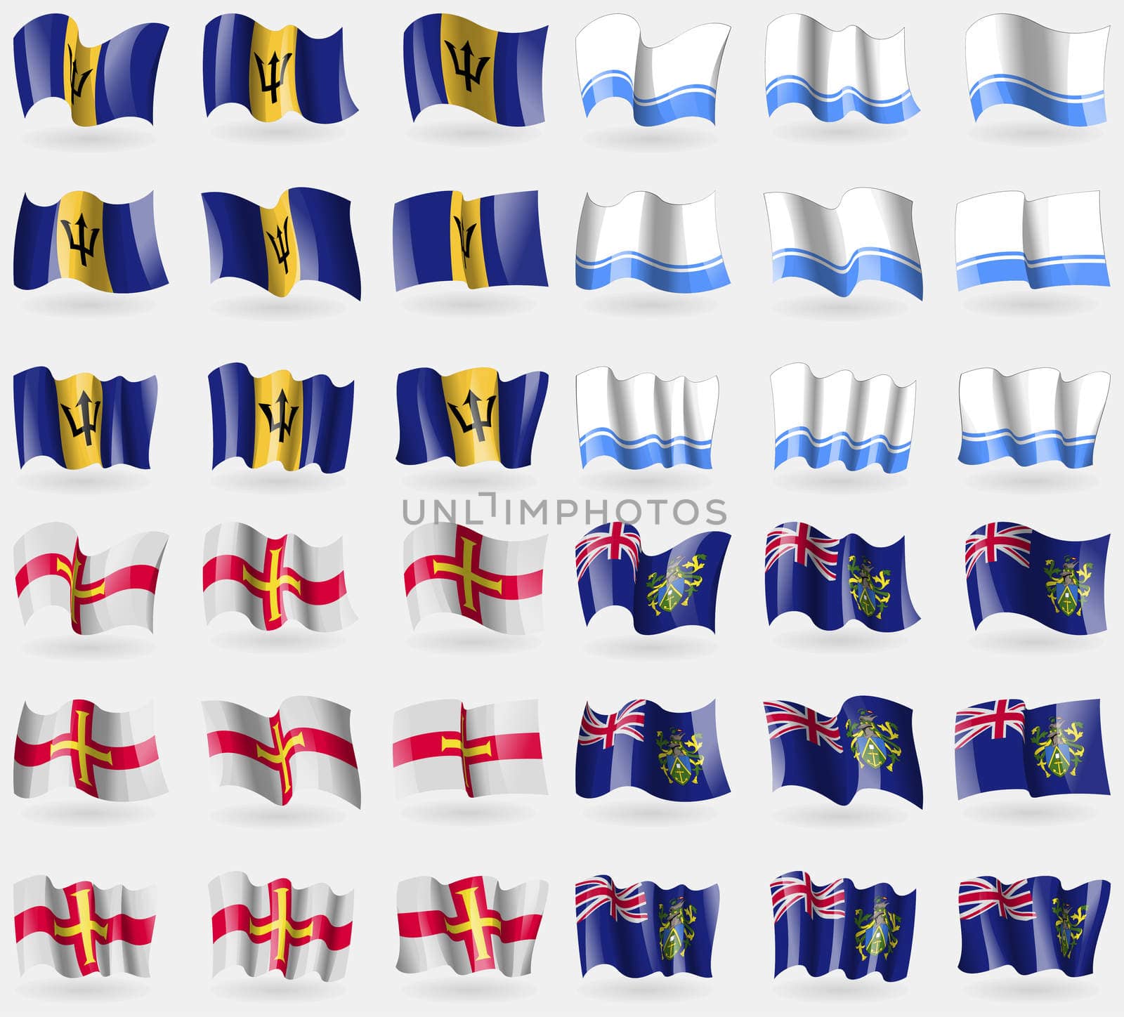 Barbados, Altai Republic, Guernsey, Pitcairn Islands. Set of 36 flags of the countries of the world. illustration