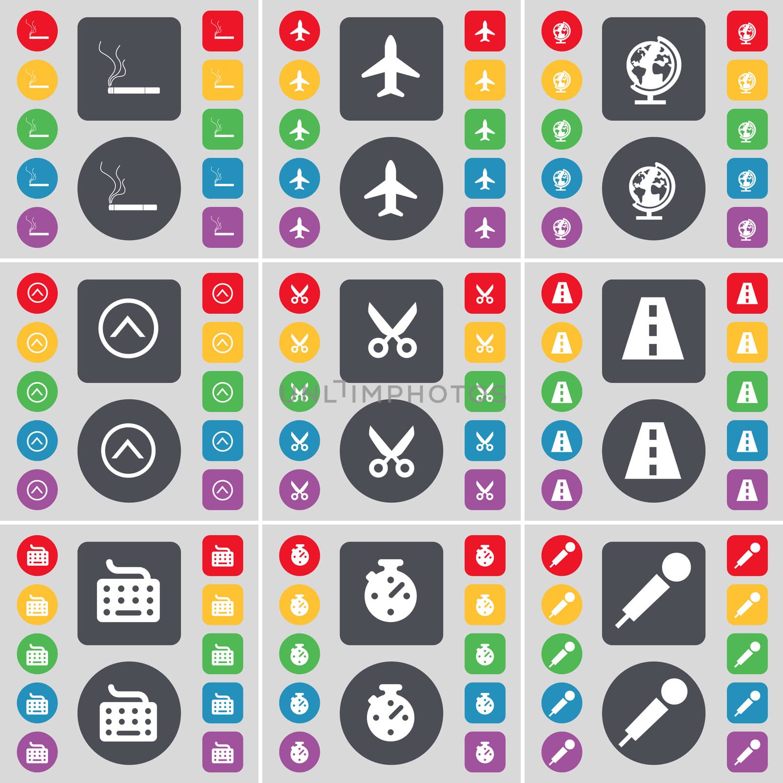 Cigarette, Airplane, Globe, Arrow up, Scissors, Road, Keyboard, Stopwatch, Microphone icon symbol. A large set of flat, colored buttons for your design.  by serhii_lohvyniuk