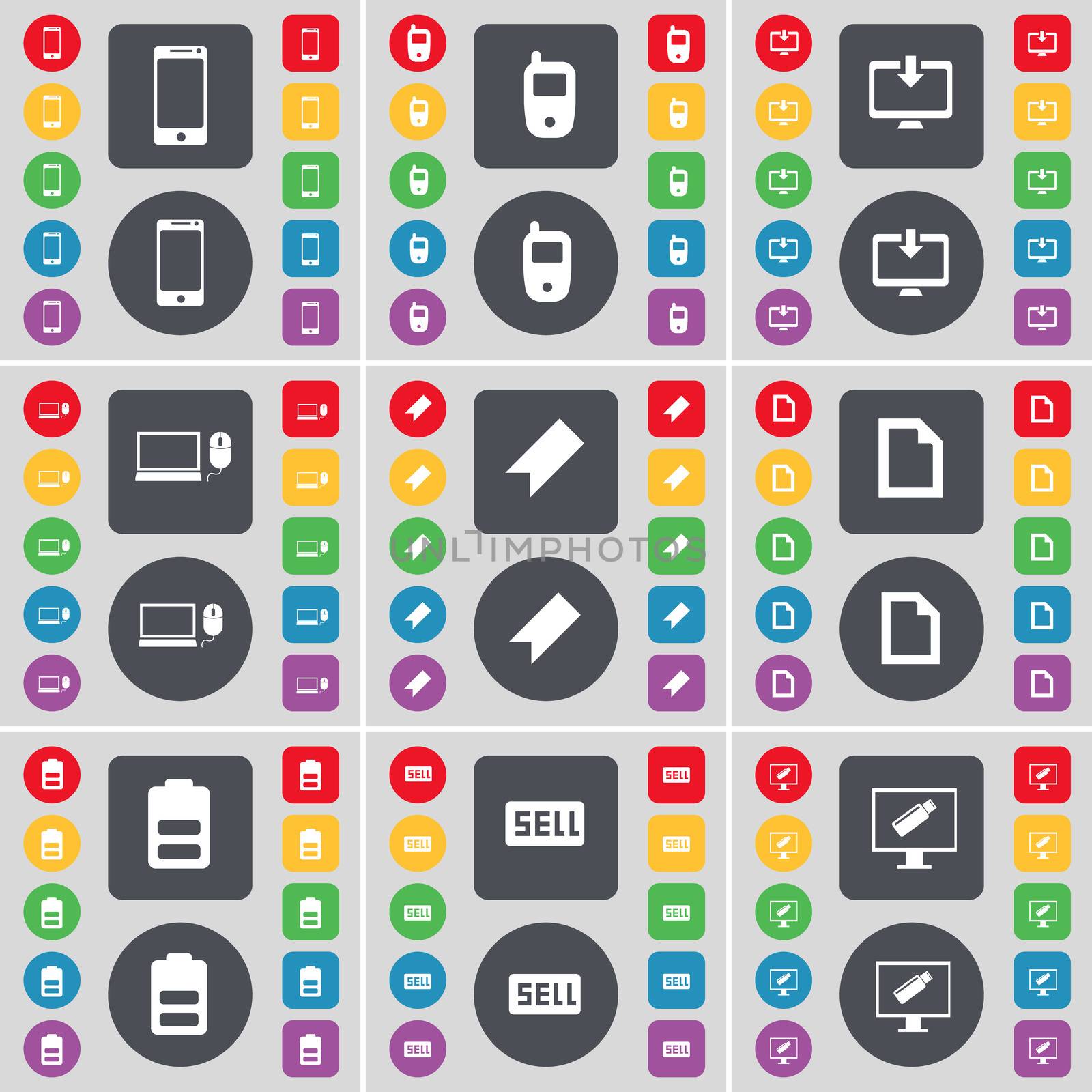 Smartphone, Mobile phone, Monitor, Laptop, Marker, File, Battery, Sell icon symbol. A large set of flat, colored buttons for your design. illustration
