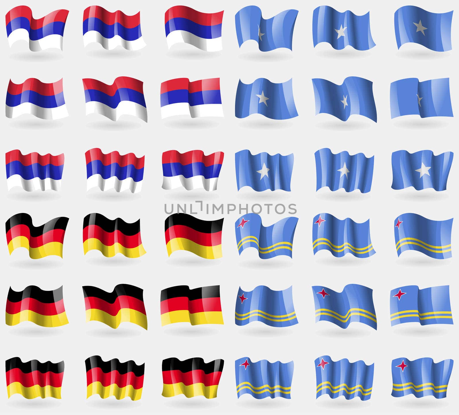 Republika Srpska, Somalia, Germany, Aruba. Set of 36 flags of the countries of the world. illustration