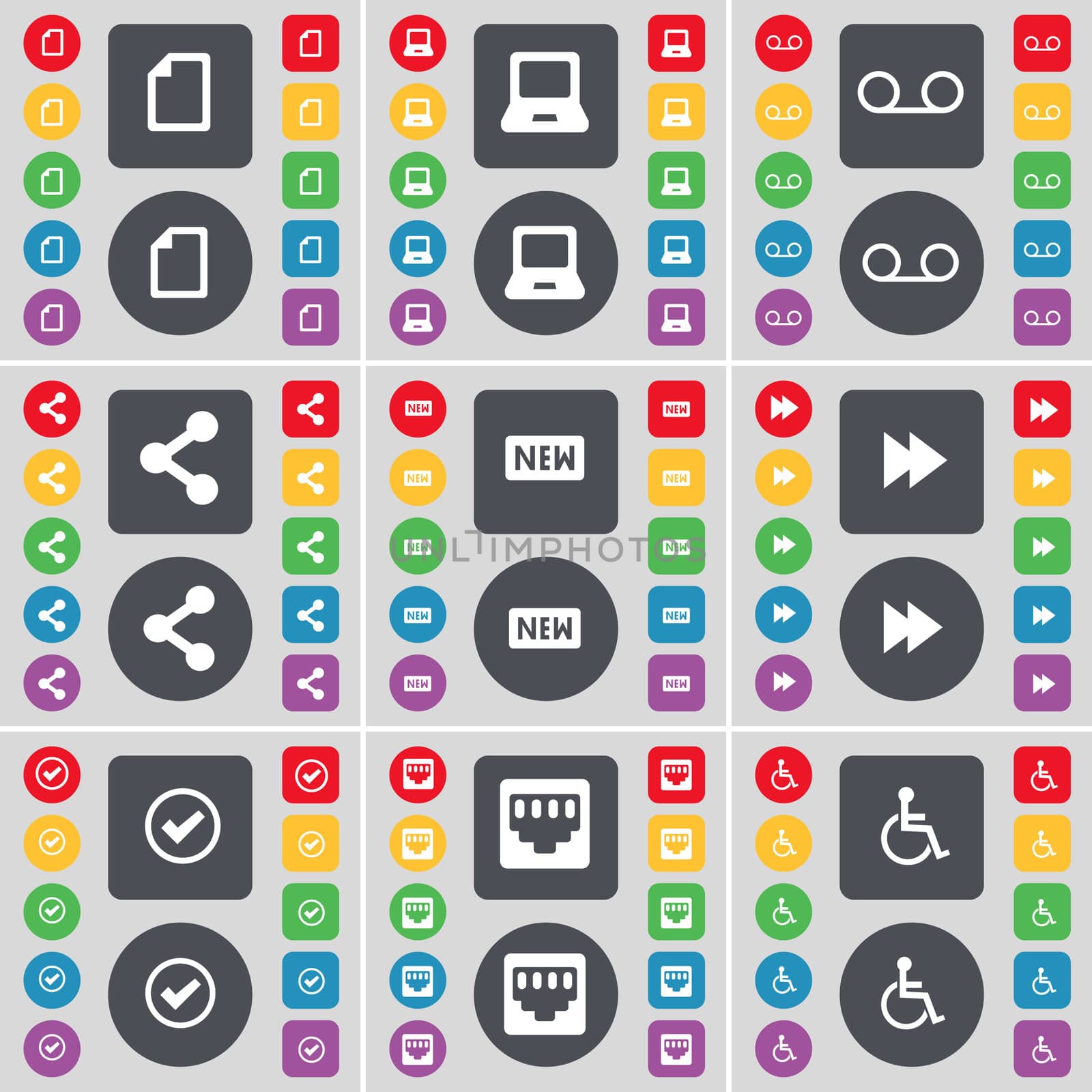 File, Laptop, Cassette, Share, New, Rewind, Tick, LAN socket, Disabled person icon symbol. A large set of flat, colored buttons for your design. illustration