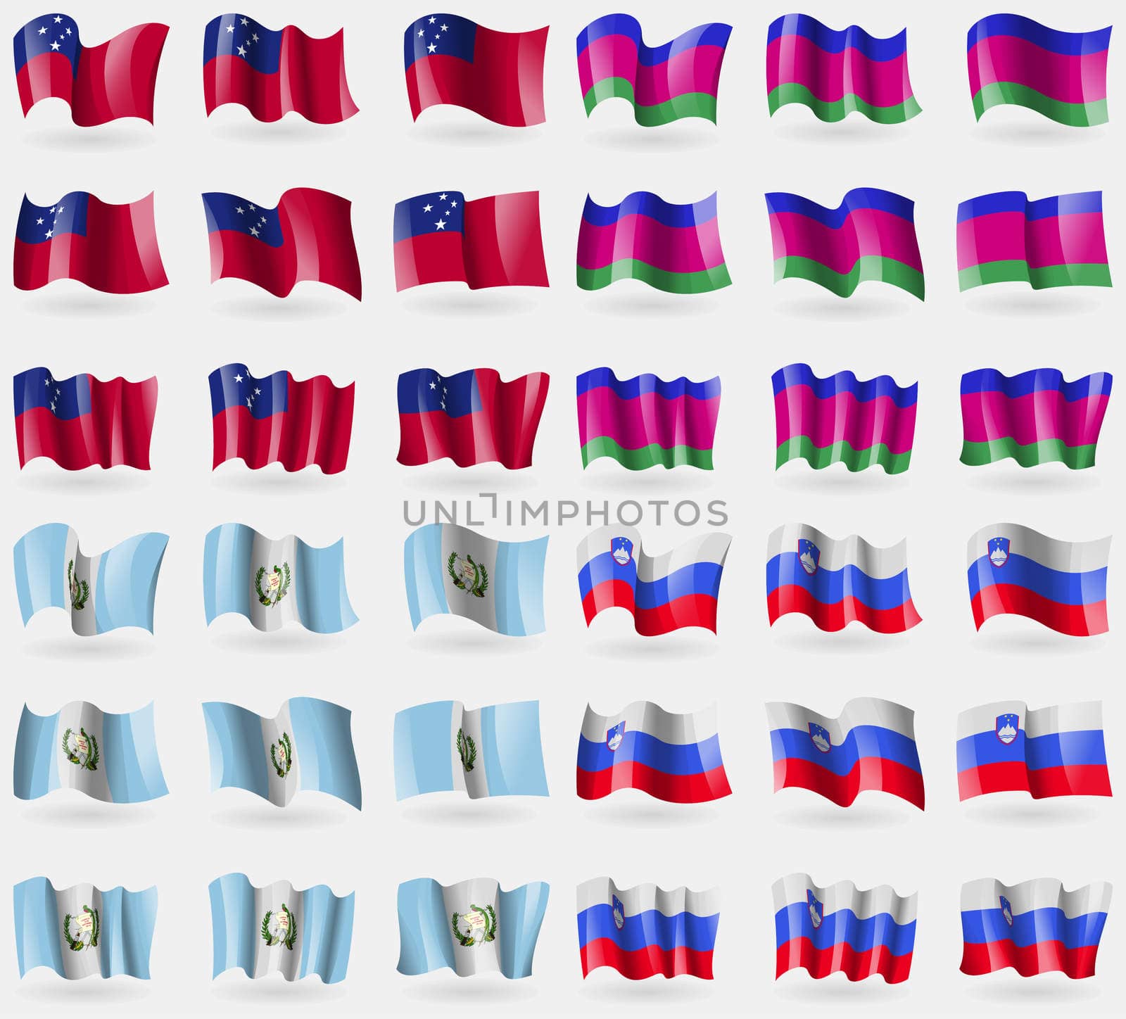 Samoa, Kuban Republic, Guatemala, Slovenia. Set of 36 flags of the countries of the world. illustration