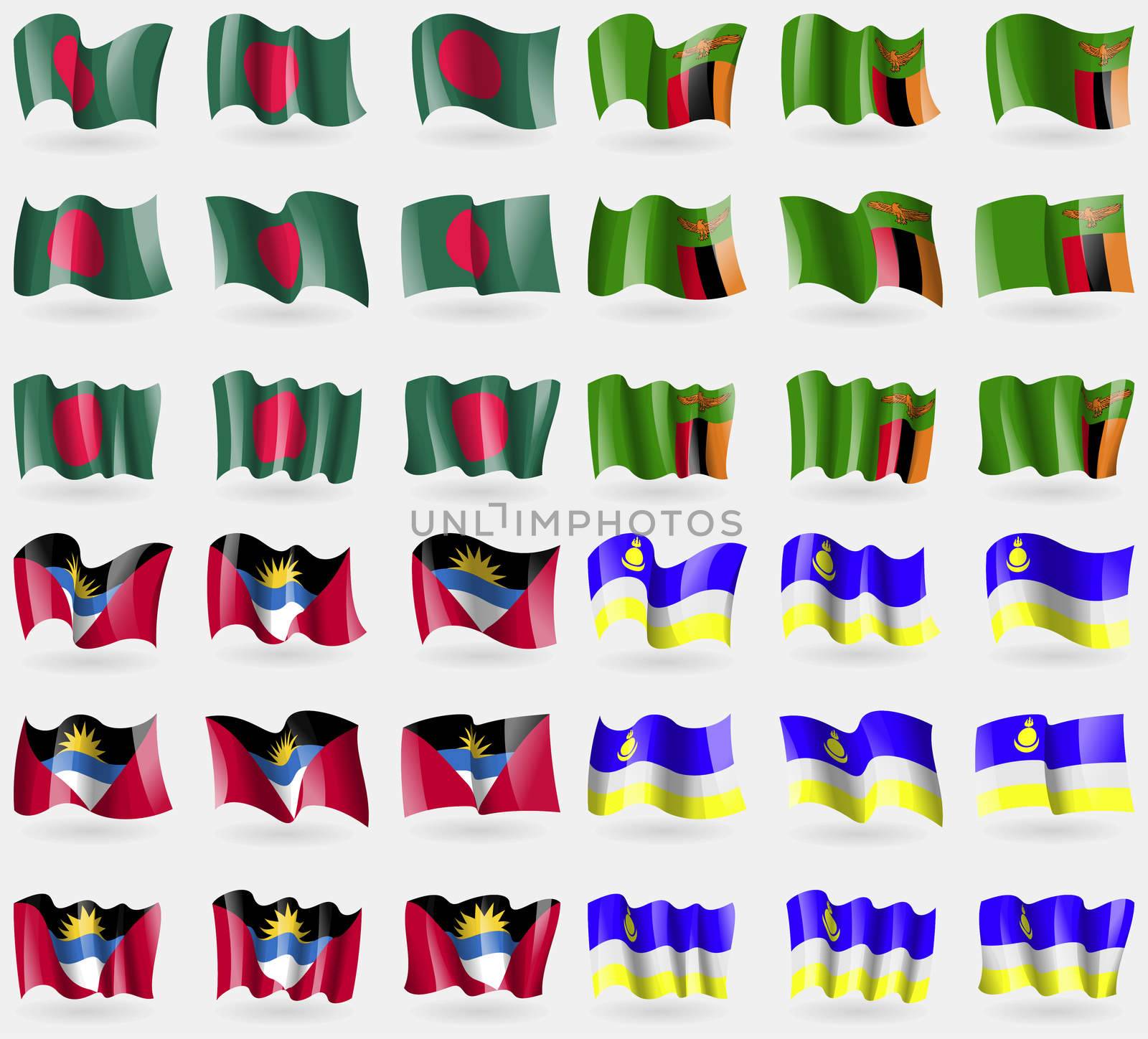 Bangladesh, Zambia, Antigua and Barbuda, Buryatia. Set of 36 flags of the countries of the world. illustration