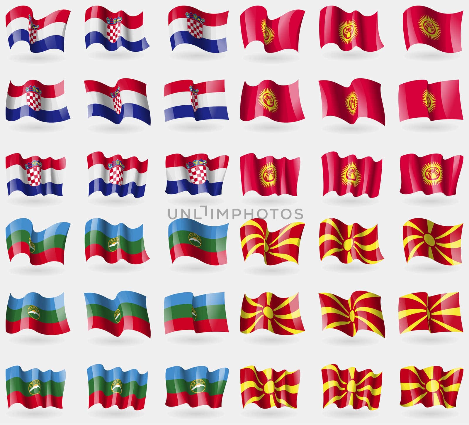 Crotia, Kyrgyzstan, KarachayCherkessia, Macedonia. Set of 36 flags of the countries of the world. illustration