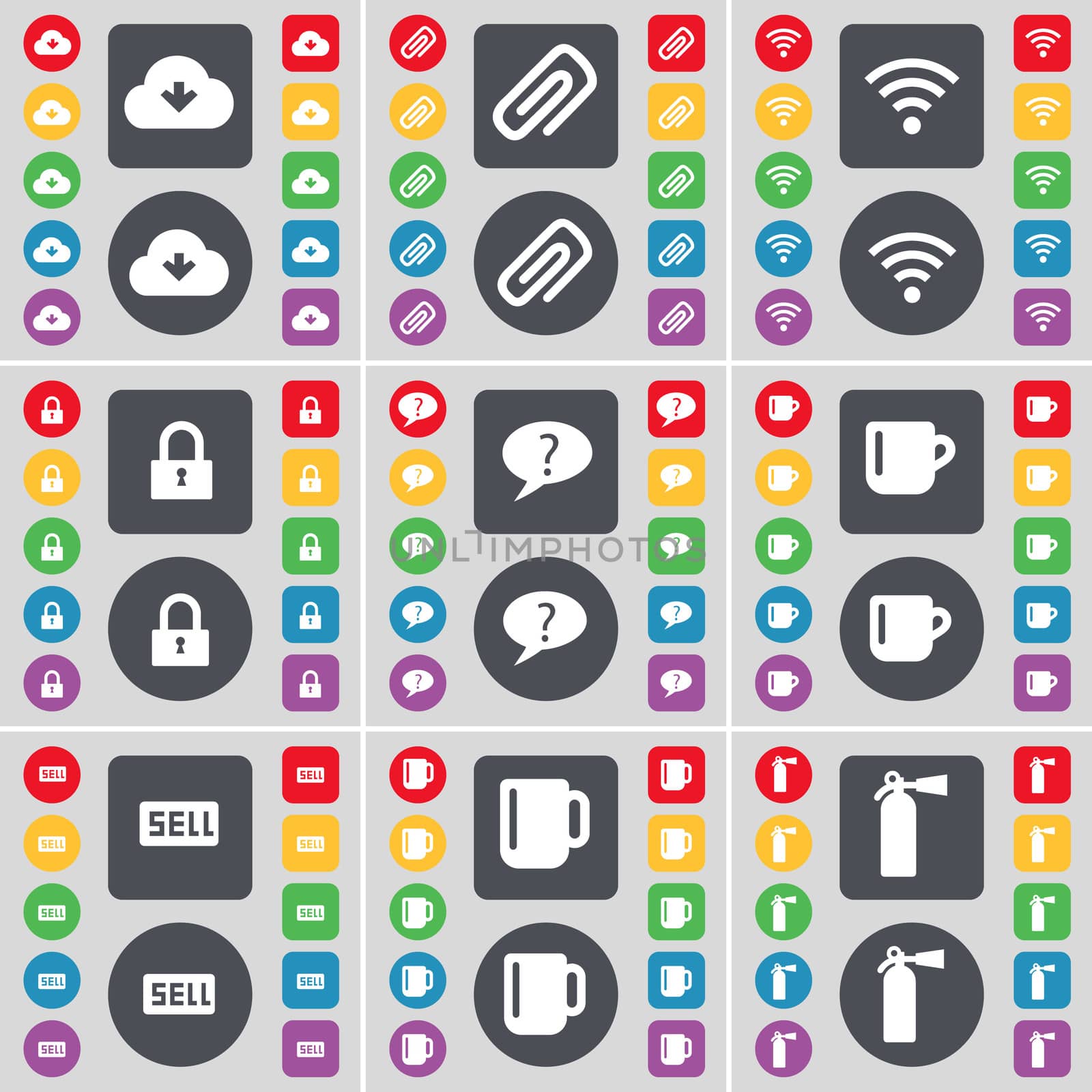 Cloud, Clip, Wi-Fi, Lock, Chat bubble, Cup, Sell, Cup, Fire extinguisher icon symbol. A large set of flat, colored buttons for your design. illustration