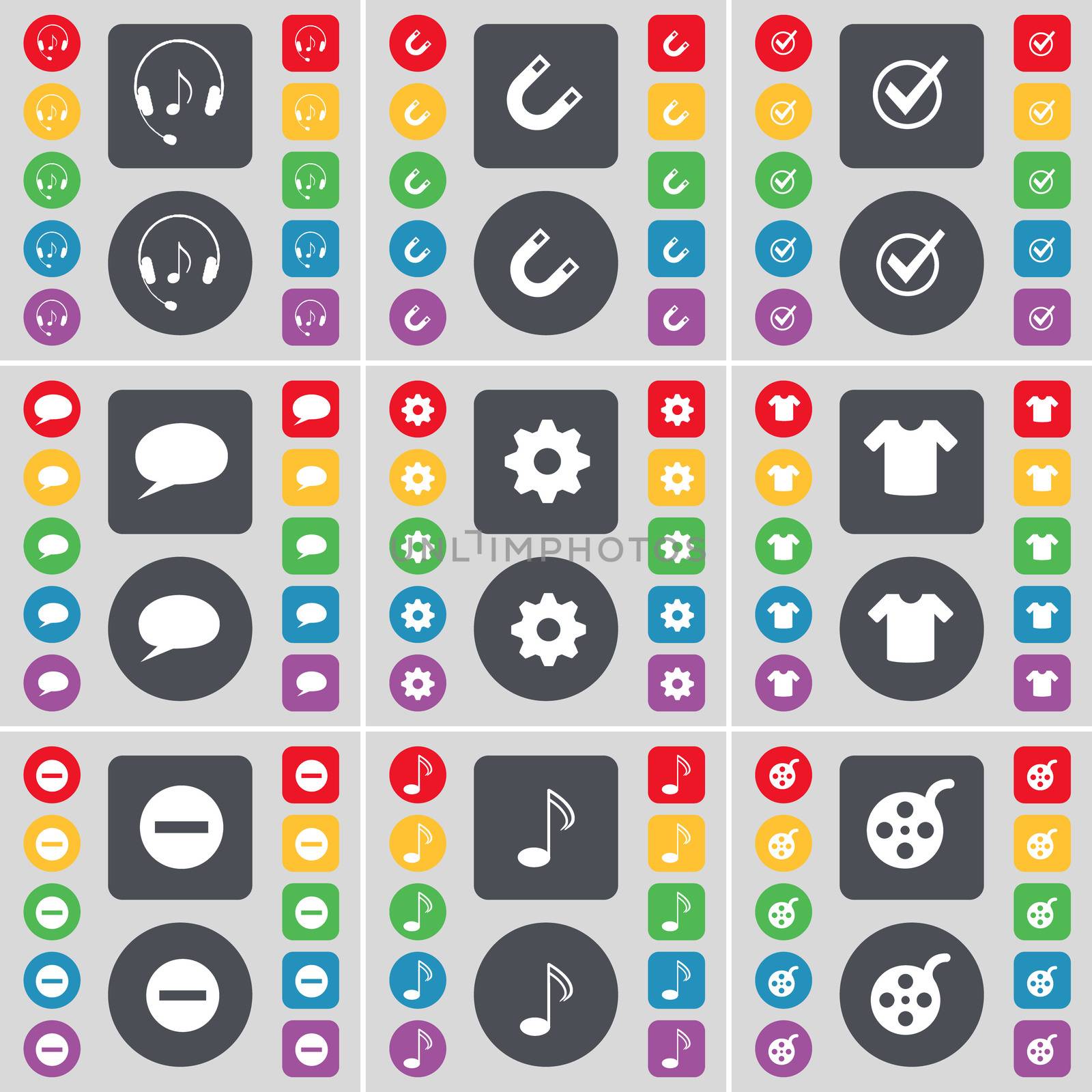 Headphones, Magnet, Tick, Chat bubble, Gear, T-Shirt, Minus, Note, Videotape icon symbol. A large set of flat, colored buttons for your design. illustration