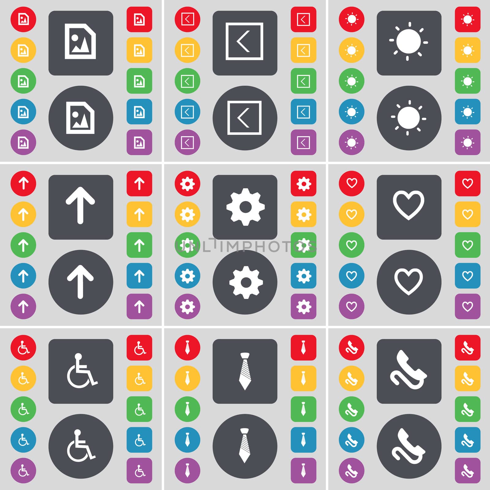 Media file, Arrow left, Light, Arrow up, Gear, Heart, Disabled person, Tie, Receiver icon symbol. A large set of flat, colored buttons for your design.  by serhii_lohvyniuk