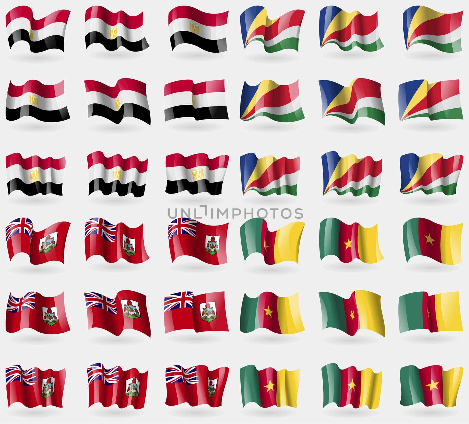 Egypt, Seychelles, Bermuda, Cameroon. Set of 36 flags of the countries of the world. illustration