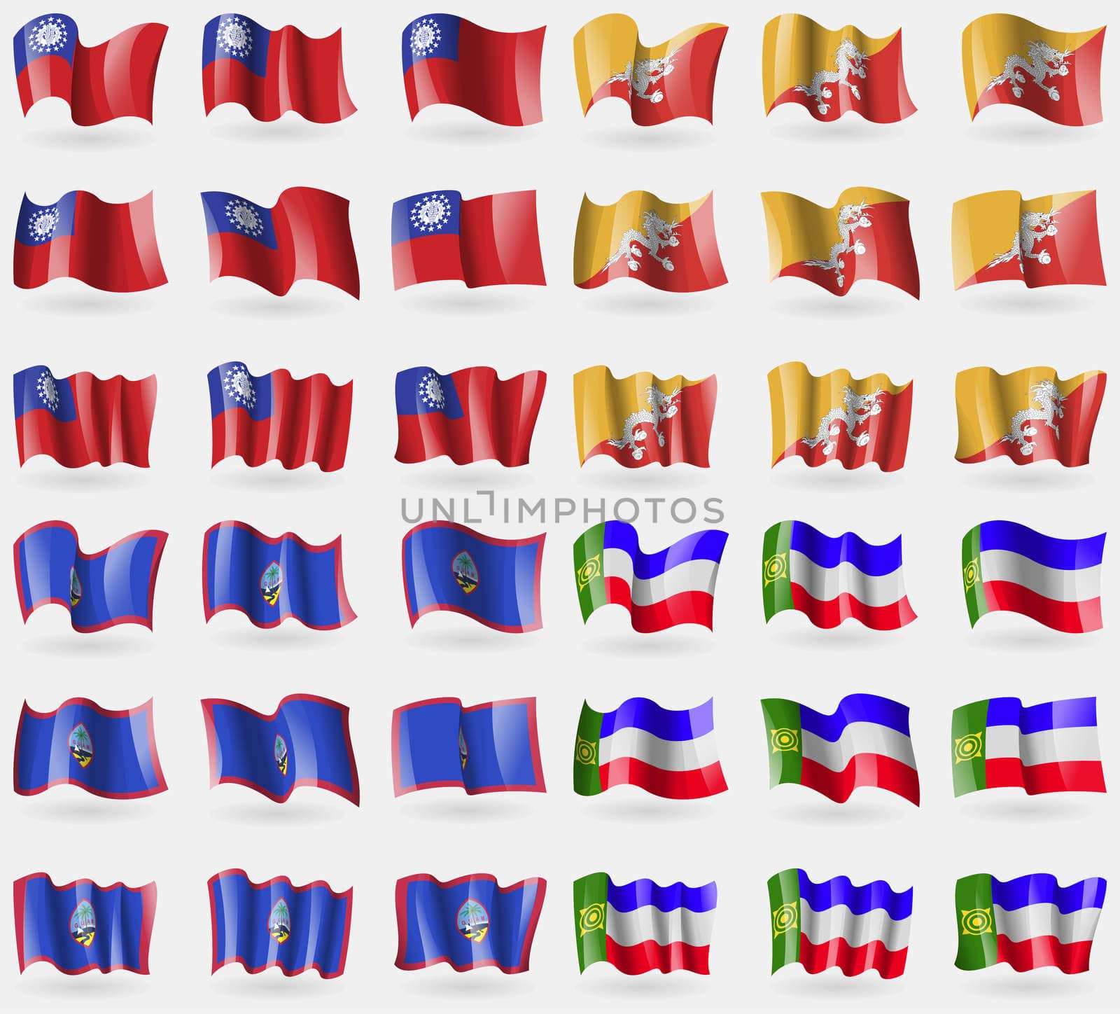 MyanmarBurma, Bhutan, Guam, Khakassia. Set of 36 flags of the countries of the world. illustration