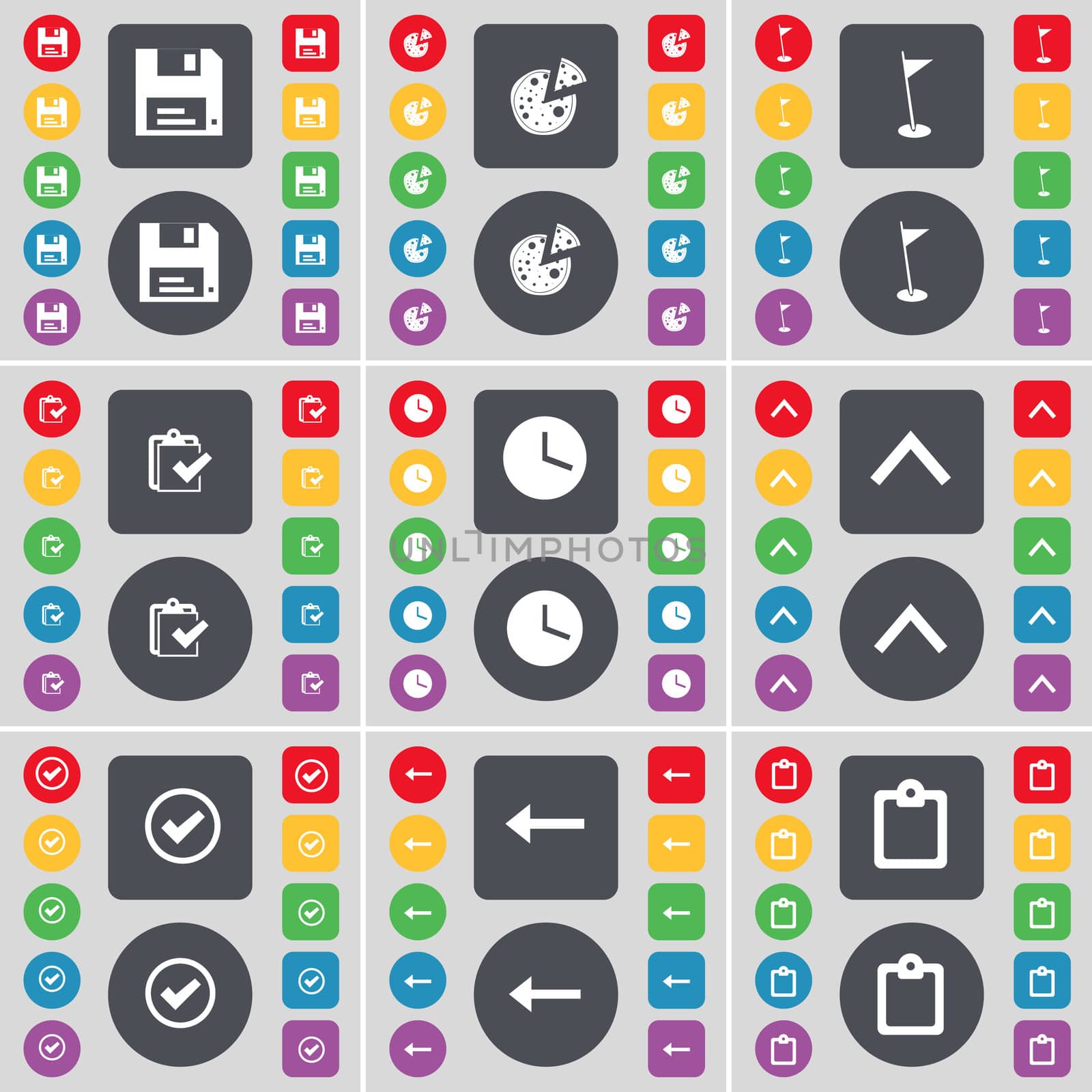Floppy, Pizza, Golf hole, Survey, Clock, Arrow up, Tick, Arrow left, Survey icon symbol. A large set of flat, colored buttons for your design. illustration