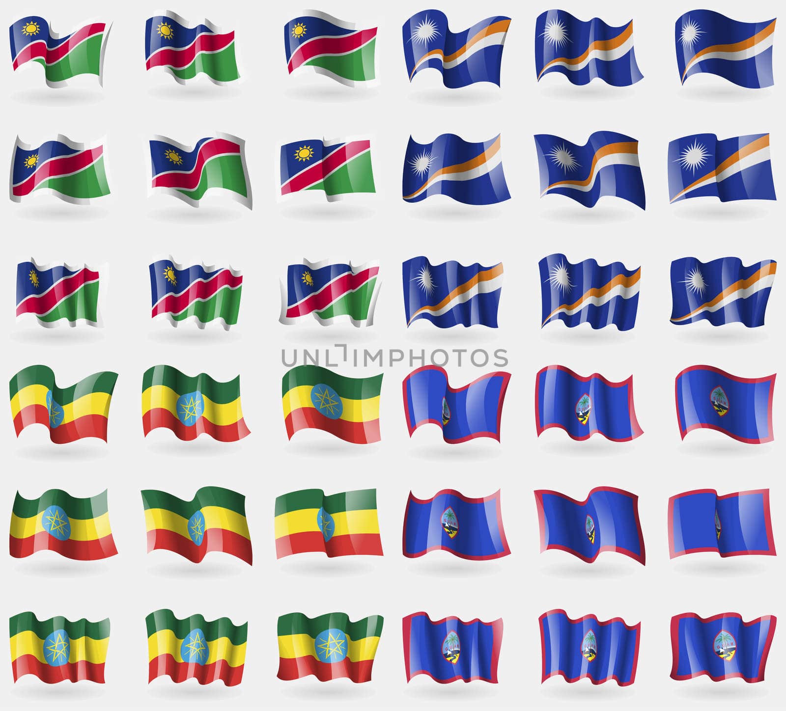 Namibia, Marshall Islands, Ethiopia, Guam. Set of 36 flags of the countries of the world. illustration