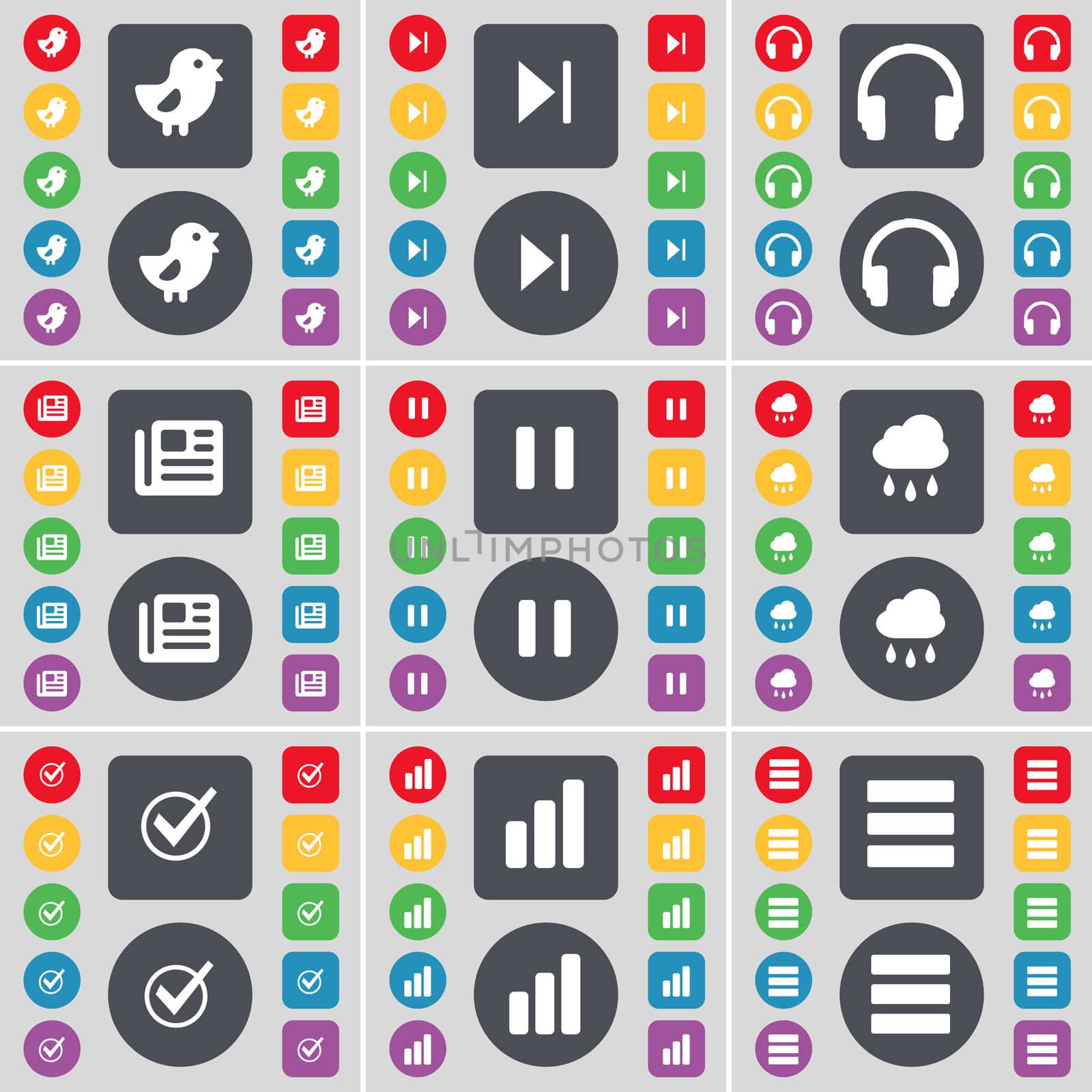 Bird, Media skip, Headphones, Newspaper, Pause, Cloud, Tick, Diagram, Apps icon symbol. A large set of flat, colored buttons for your design.  by serhii_lohvyniuk