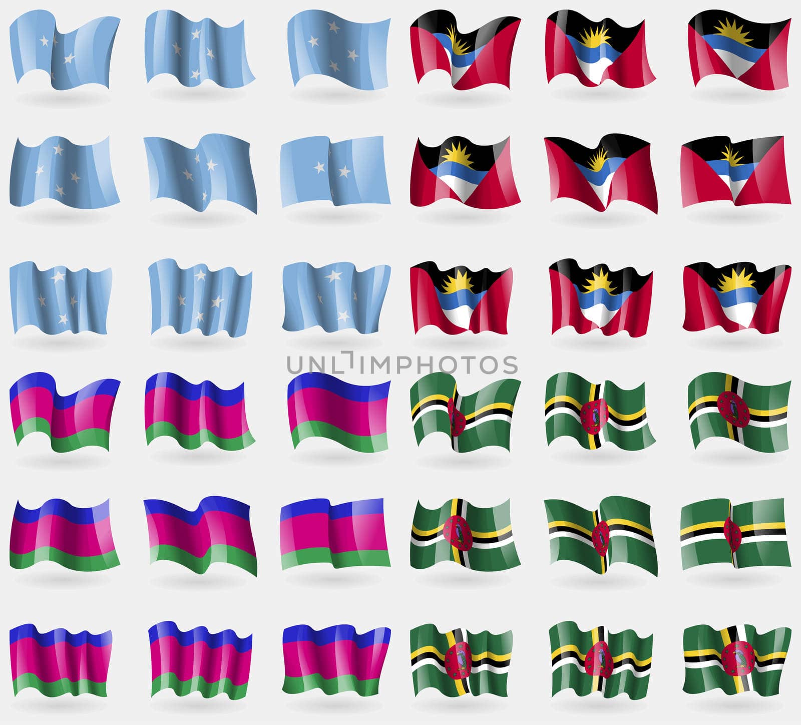 Micronesia, Antigua and Barbuda, Kuban Republic, Dominica. Set of 36 flags of the countries of the world. illustration