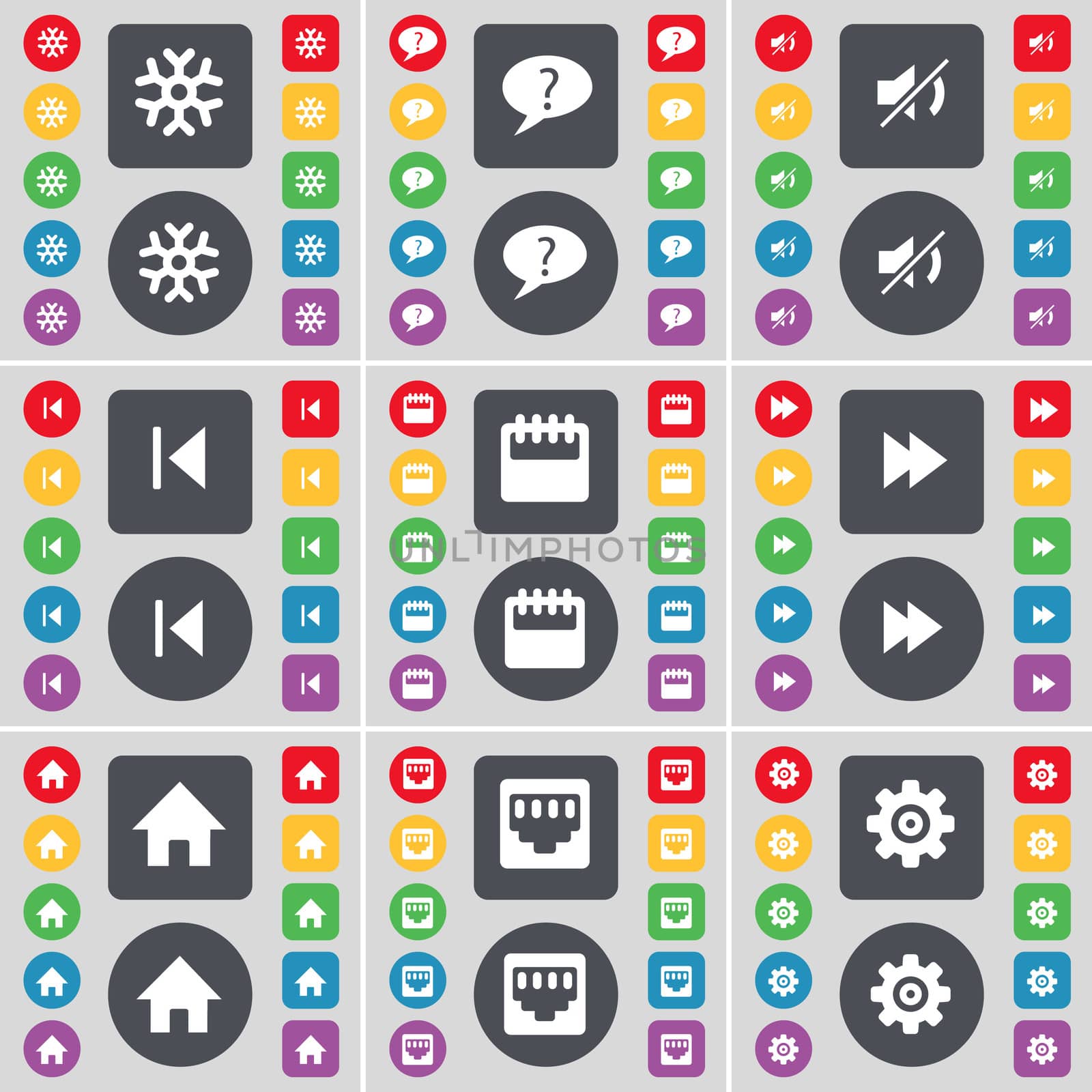 Snowflake, Chat bubble, Mute, Media skip, Camera, Rewind, House, LAN socket, Gear icon symbol. A large set of flat, colored buttons for your design.  by serhii_lohvyniuk