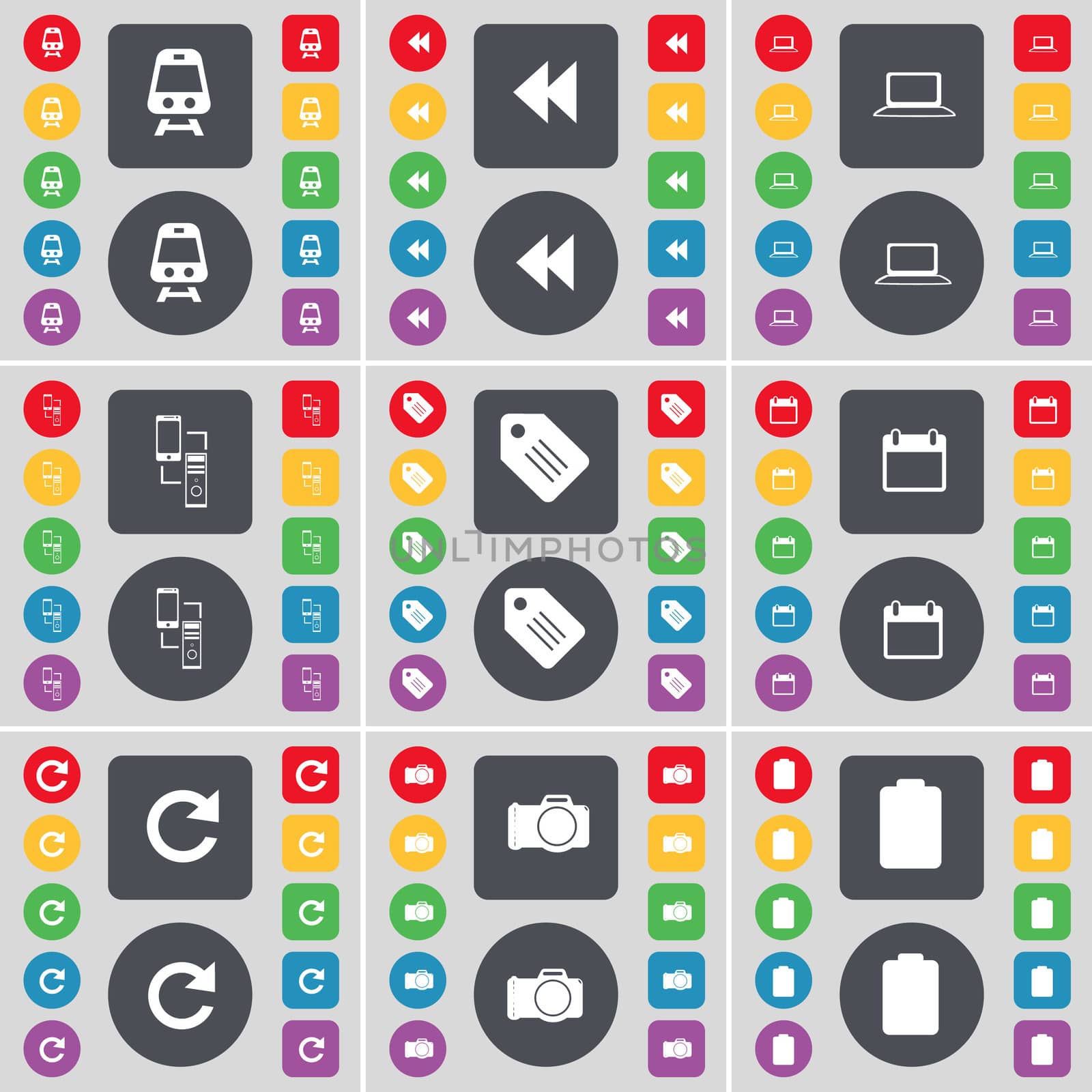 Train, Rewind, Laptop, Information exchange, Tag, Calendar, Reload, Camera, Battery icon symbol. A large set of flat, colored buttons for your design. illustration